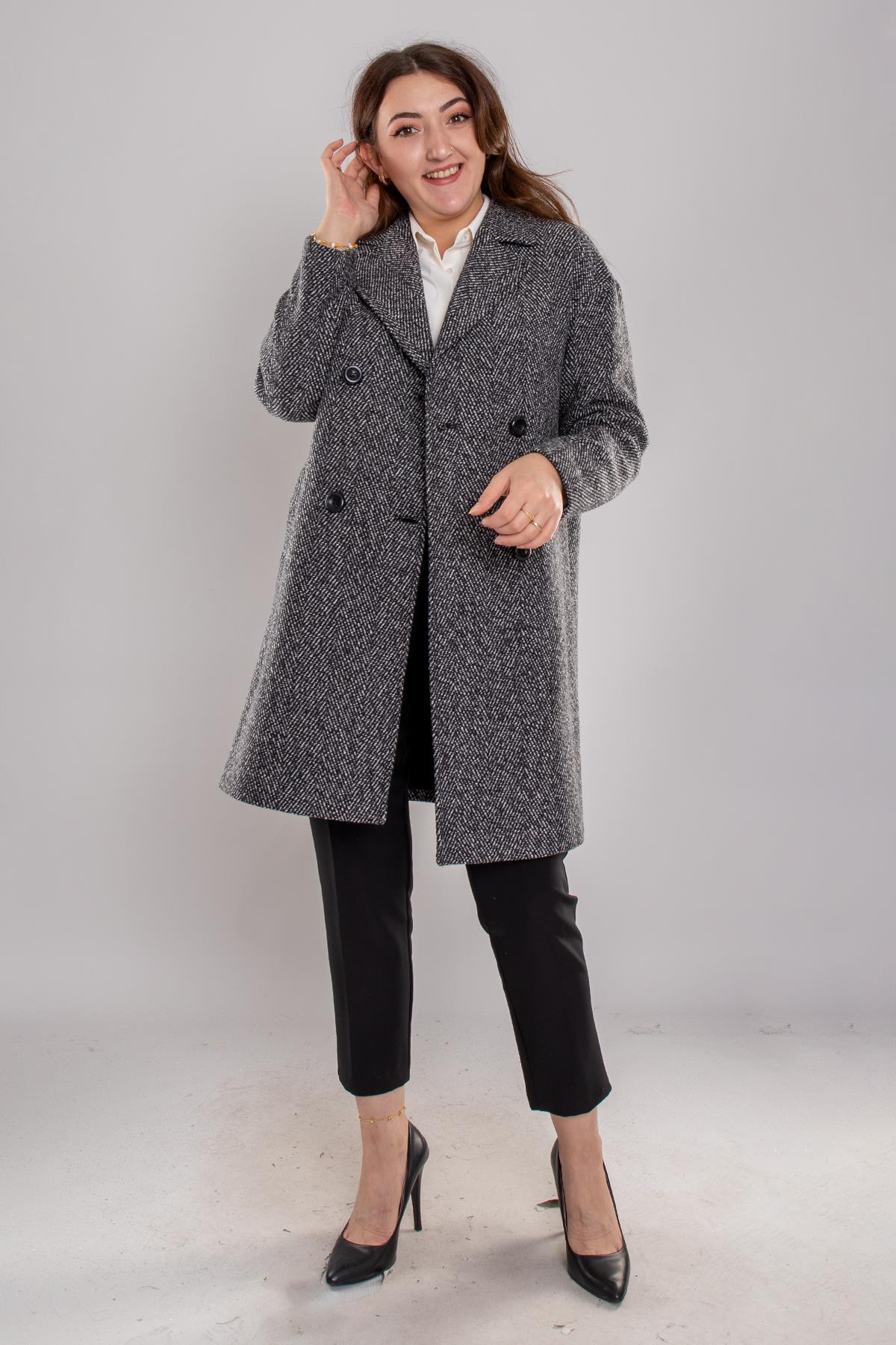 3949 Büyük Beden Oscar Kruvaze Yaka Kırçıllı 4 Düğme Kaban