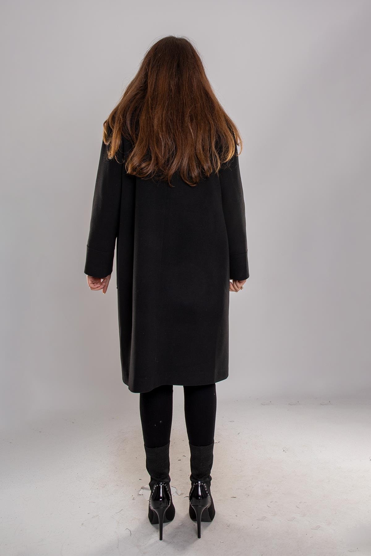 3950 Büyük Beden P.M. Yaka Kürklü Üst Cep Düğmeli Kaşe Kaban