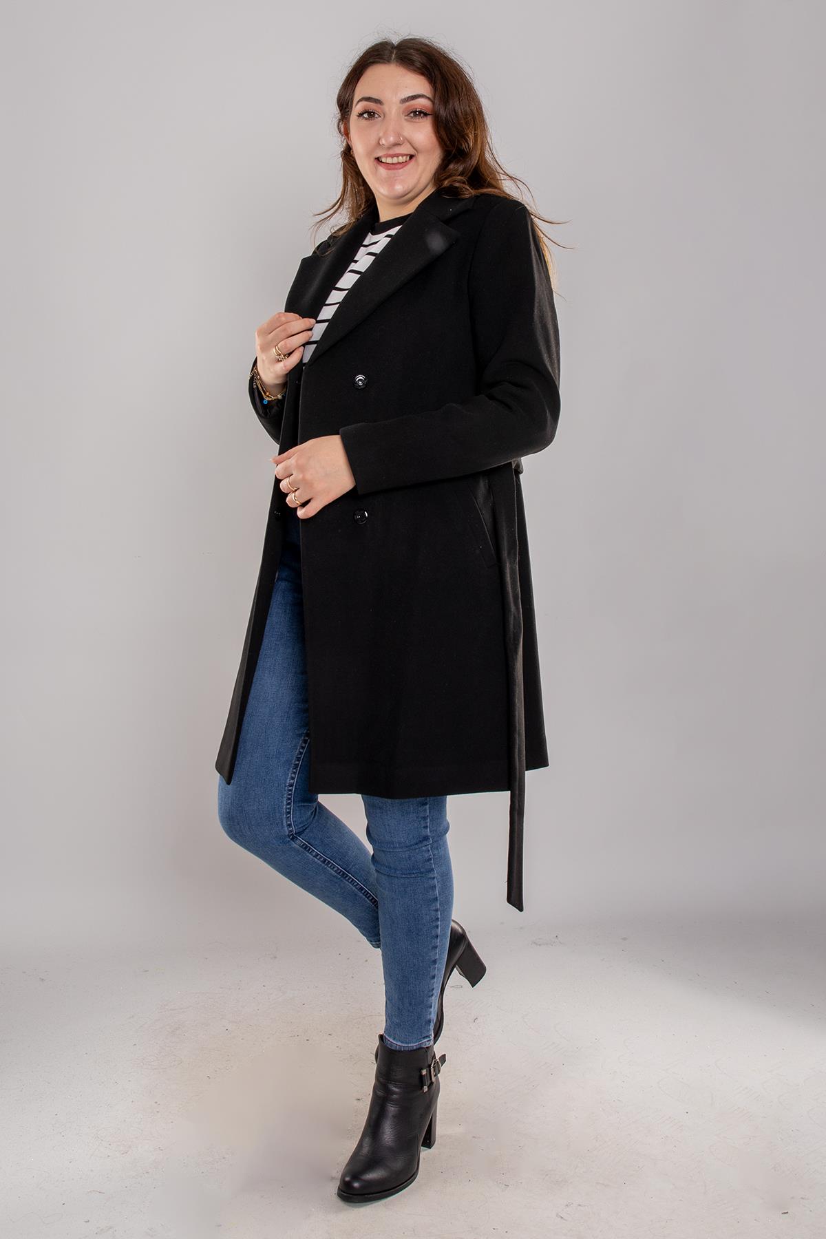 3957 Büyük Beden P.M. Kruvaze Yaka Gizili Çıtçıtlı Kuşaklı Kşae Kaban