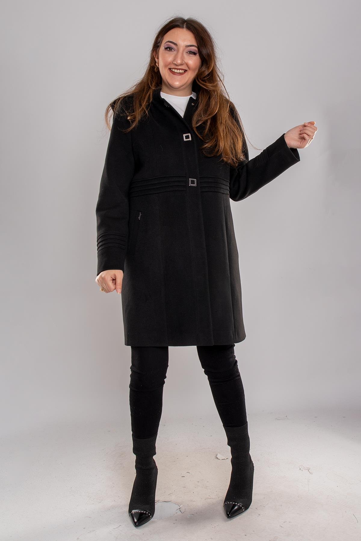 3962 Büyük Beden Efsun Kapüşonlu Çima Detay Kaşe Kaban