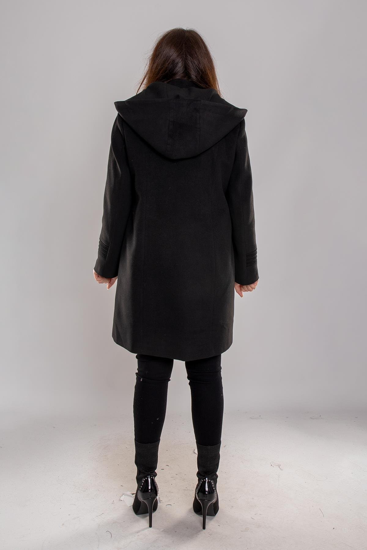 3962 Büyük Beden Efsun Kapüşonlu Çima Detay Kaşe Kaban