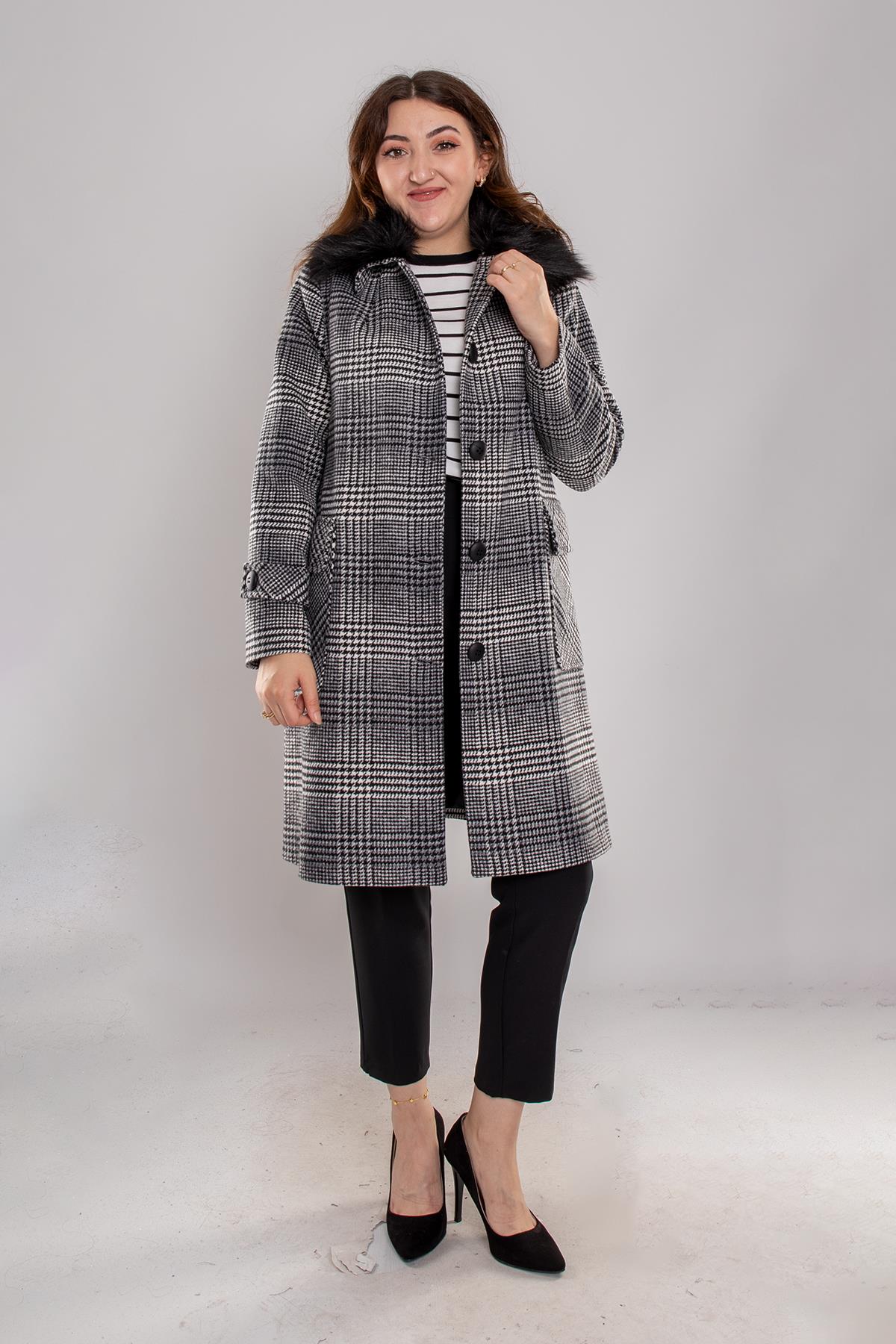 3979 Büyük Beden Arlo Üst Cepli Kazayağı Kuşaklı Yaka Kürklü Kaşe Kaban