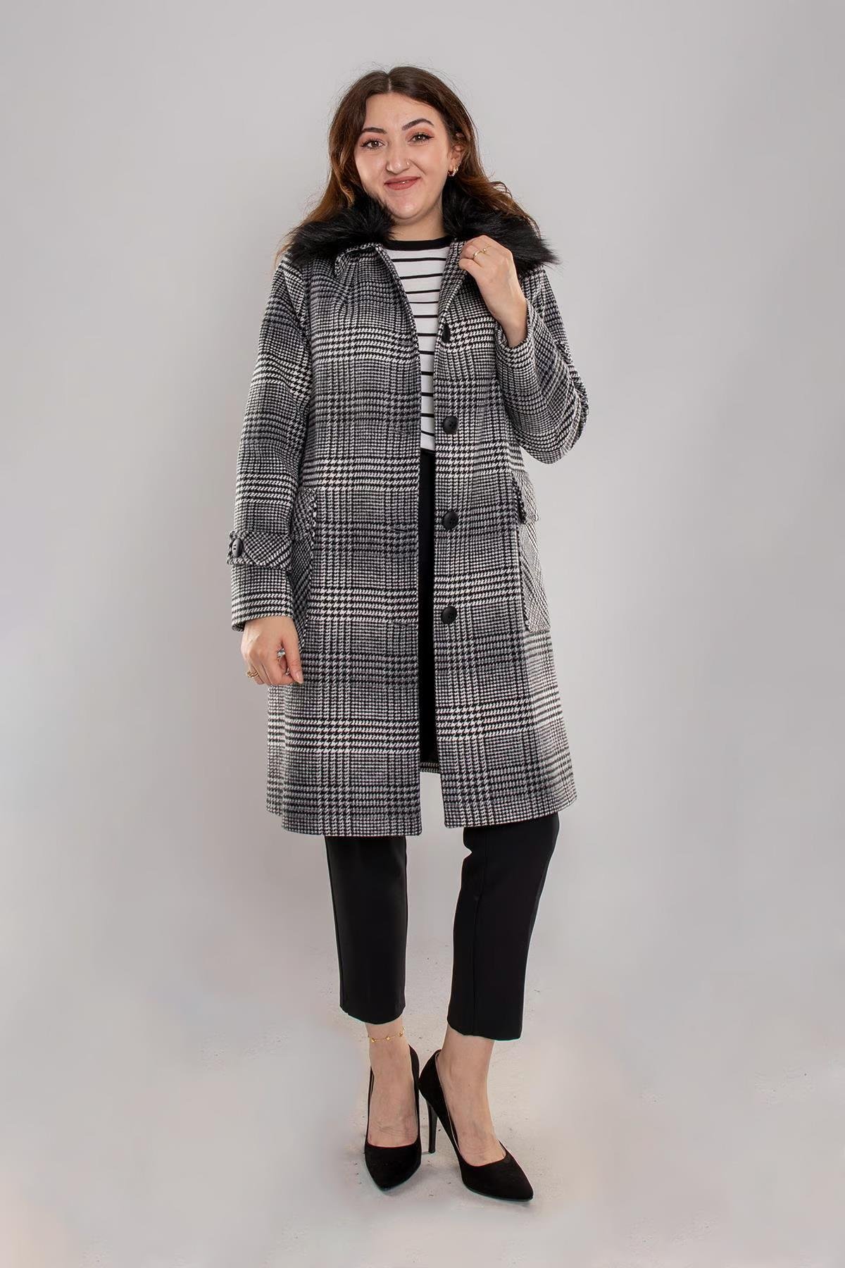 3979 Büyük Beden Arlo Üst Cepli Kazayağı Kuşaklı Yaka Kürklü Kaşe Kaban