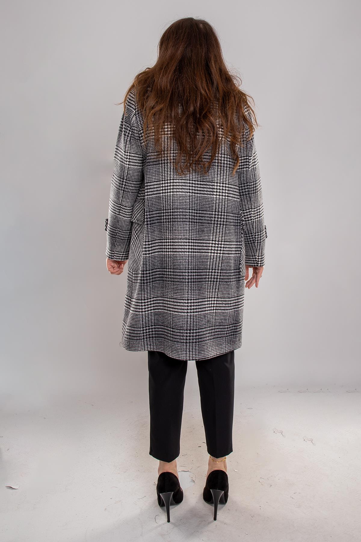 3979 Büyük Beden Arlo Üst Cepli Kazayağı Kuşaklı Yaka Kürklü Kaşe Kaban