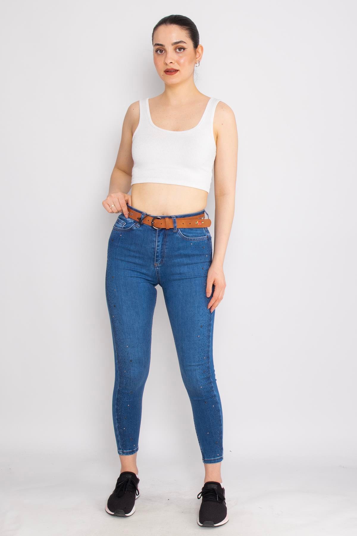 399 Narnia Yanı Serpme Taşlı Kadın Kot Pantolon