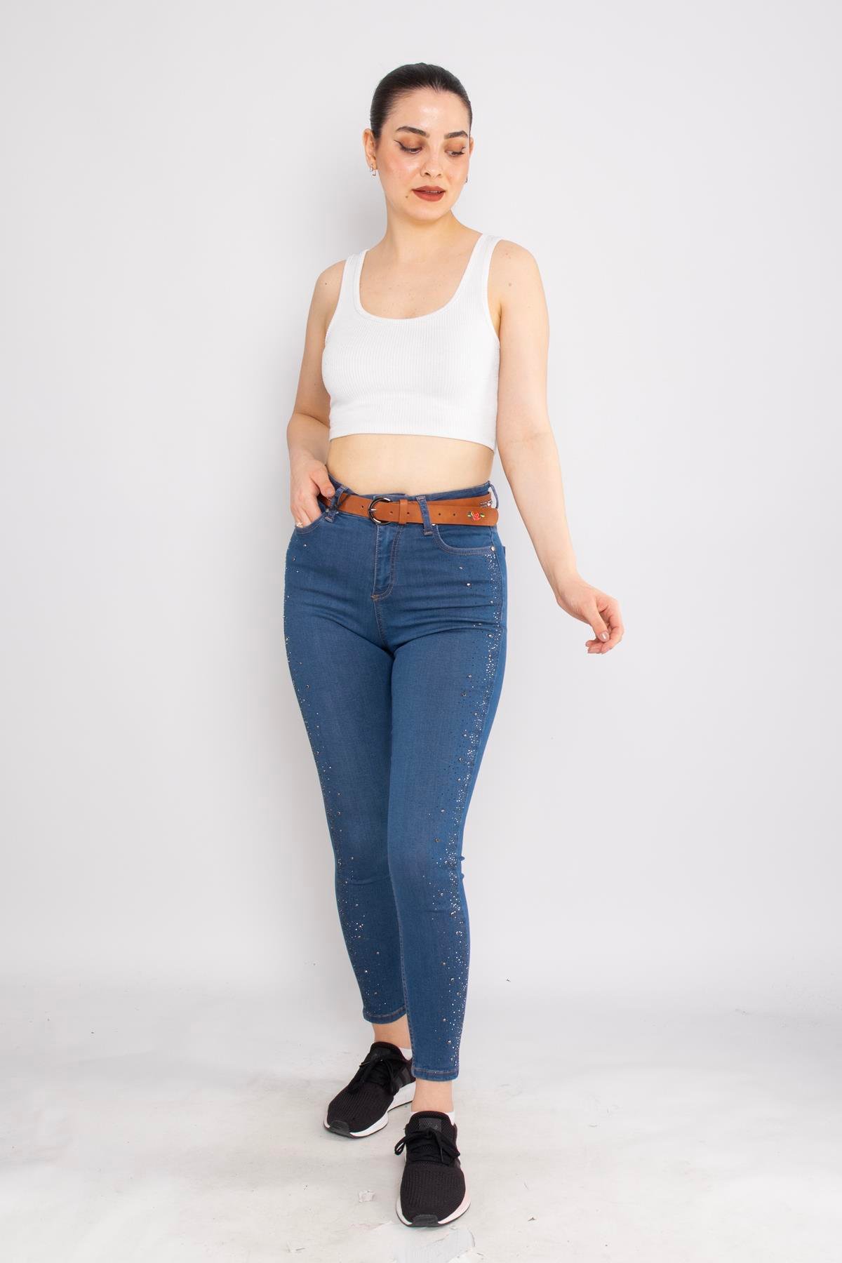 399 Narnia Yanı Serpme Taşlı Kadın Kot Pantolon