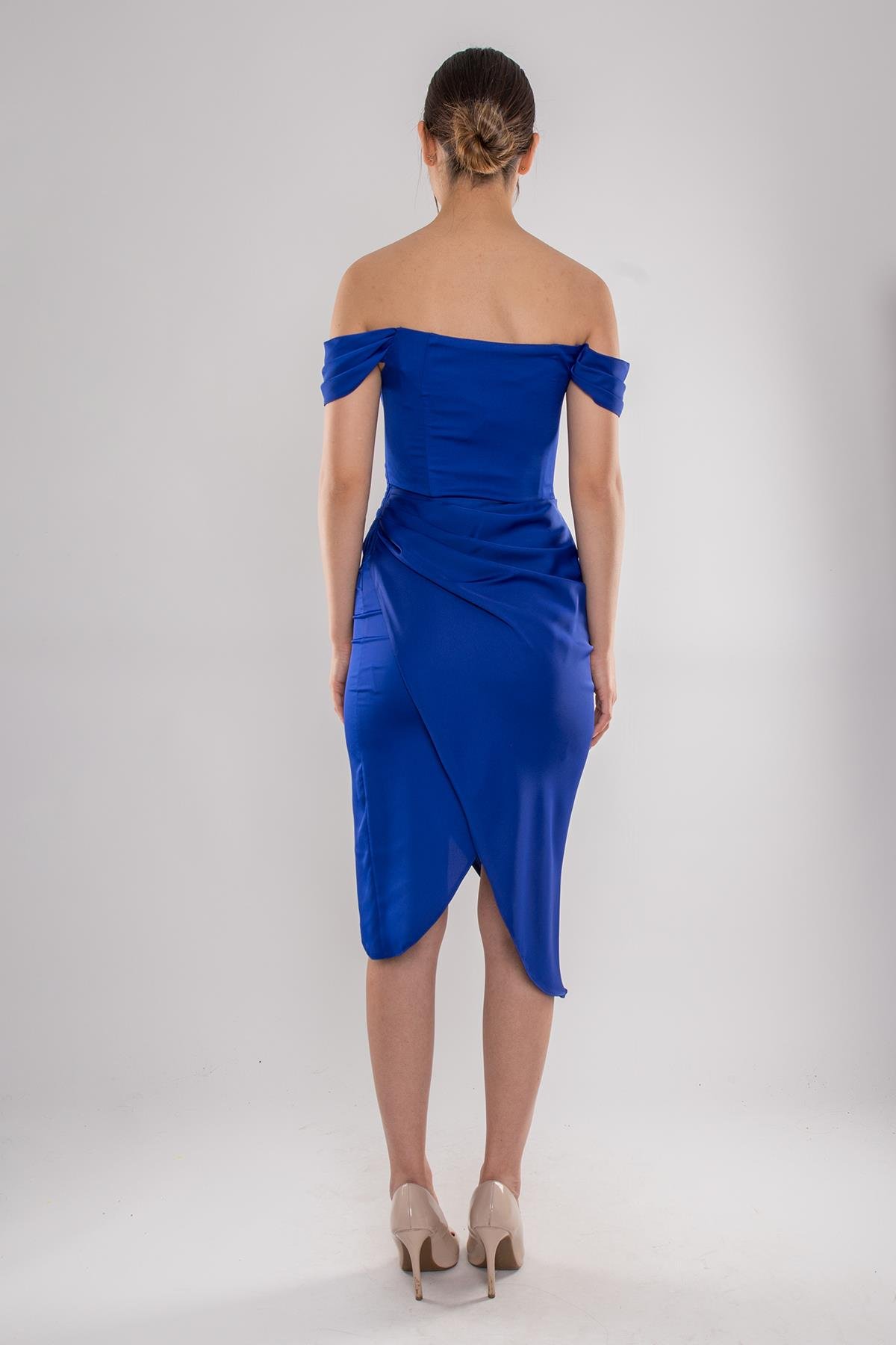 4014 Midiboy Kare Yaka Mendil Kol Saten Abiye Elbise