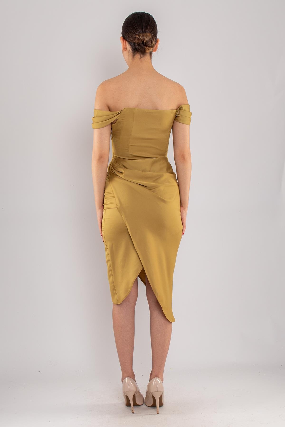 4014 Midiboy Kare Yaka Mendil Kol Saten Abiye Elbise