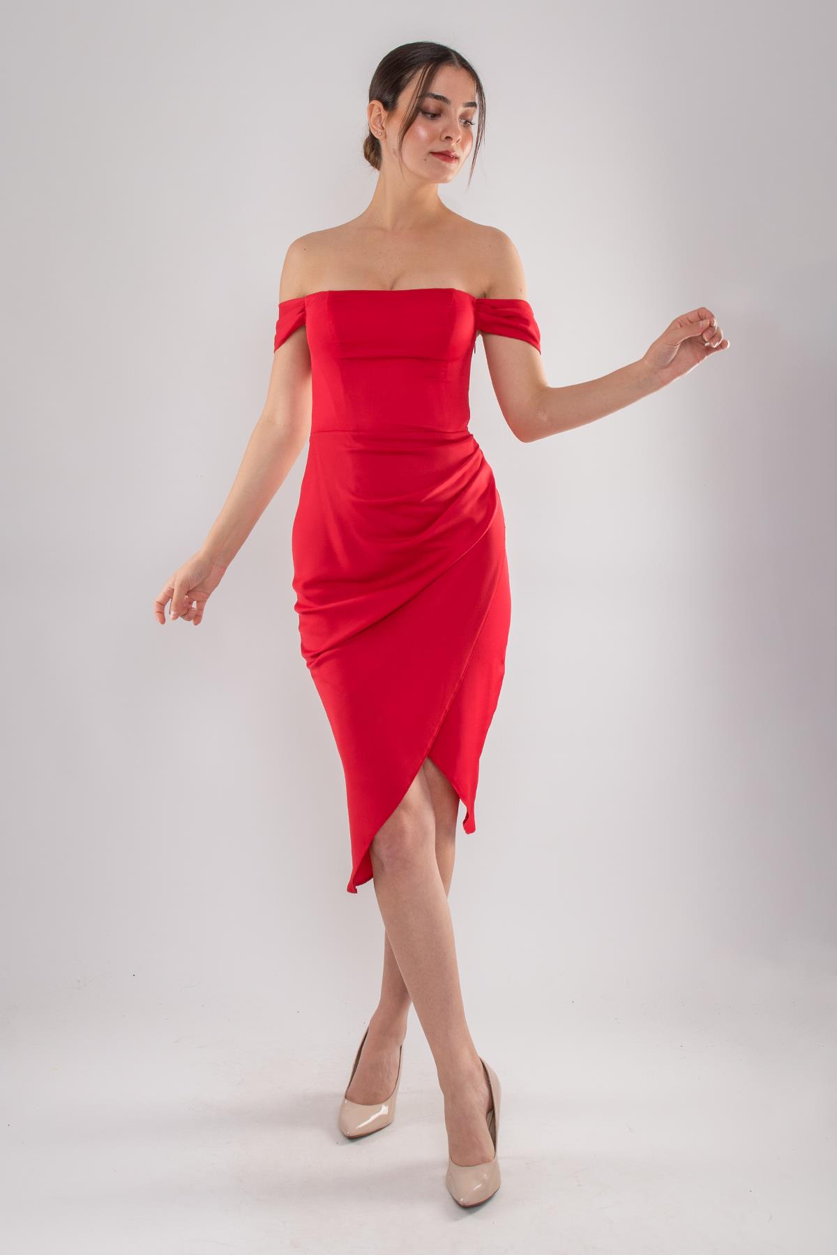 4014 Midiboy Kare Yaka Mendil Kol Saten Abiye Elbise