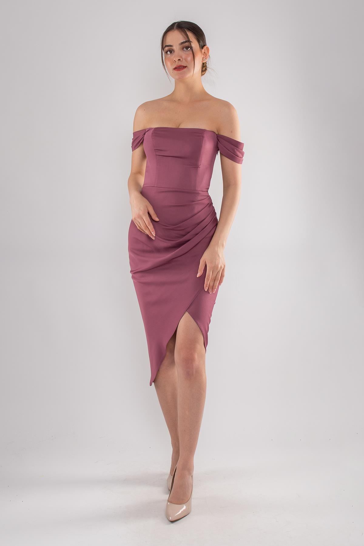 4014 Midiboy Kare Yaka Mendil Kol Saten Abiye Elbise