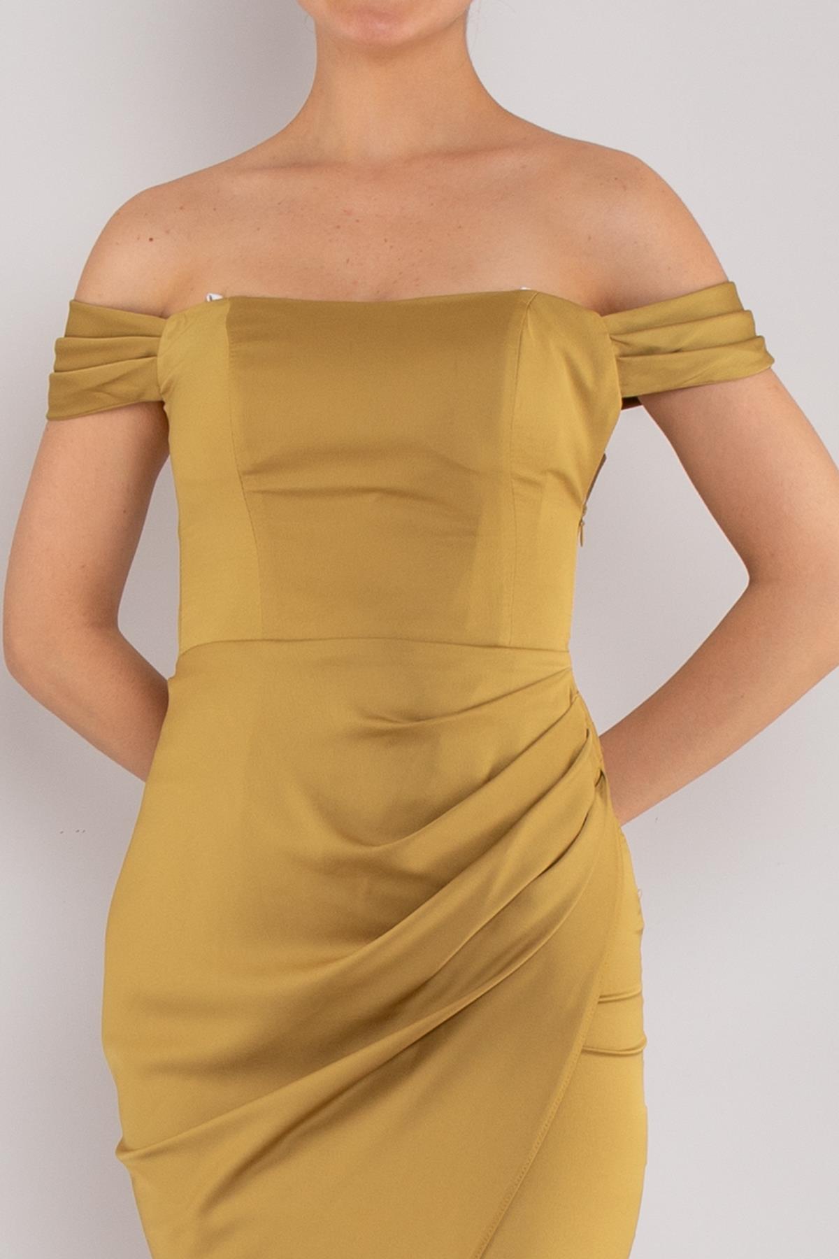 4014 Midiboy Kare Yaka Mendil Kol Saten Abiye Elbise