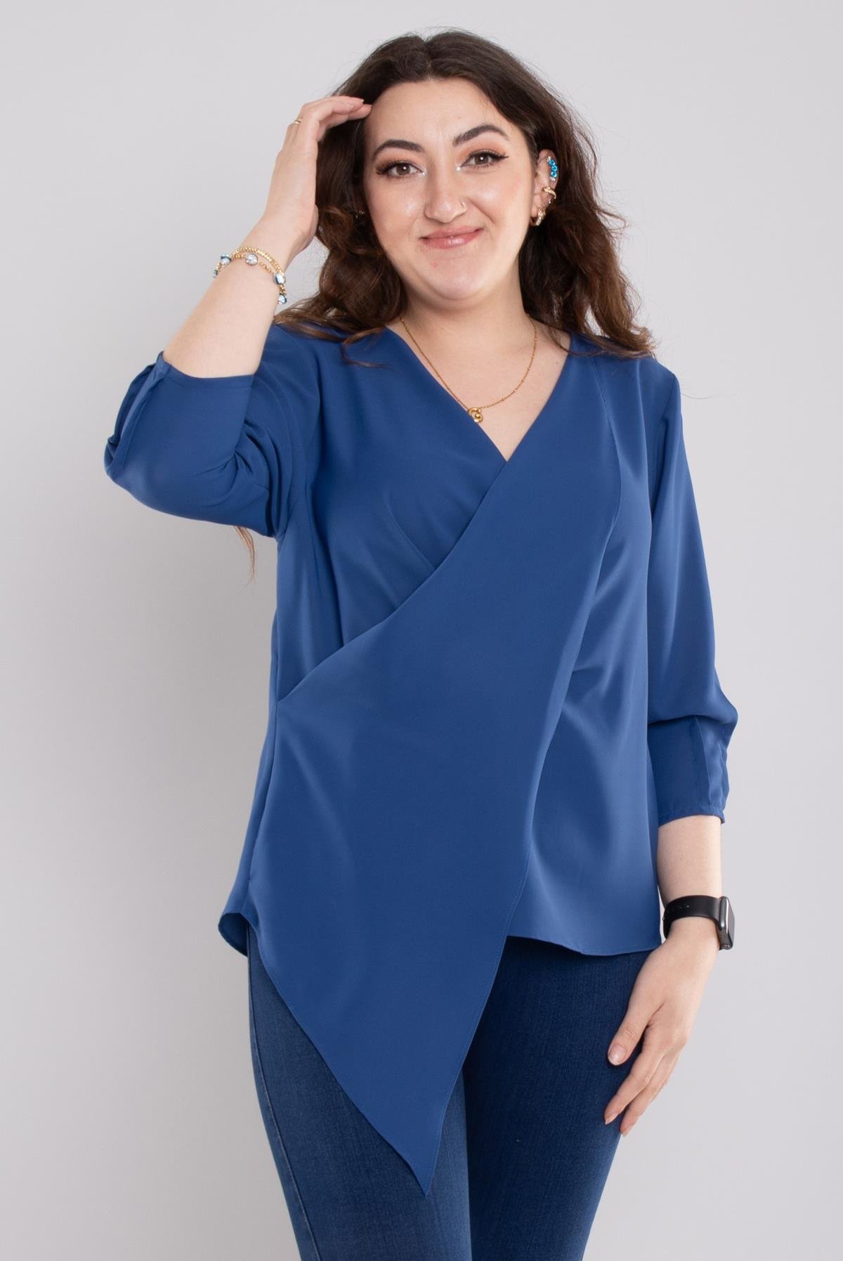4023 Büyük Beden Kruvaze Yaka Eteği Asimetrik Şifon Bluz