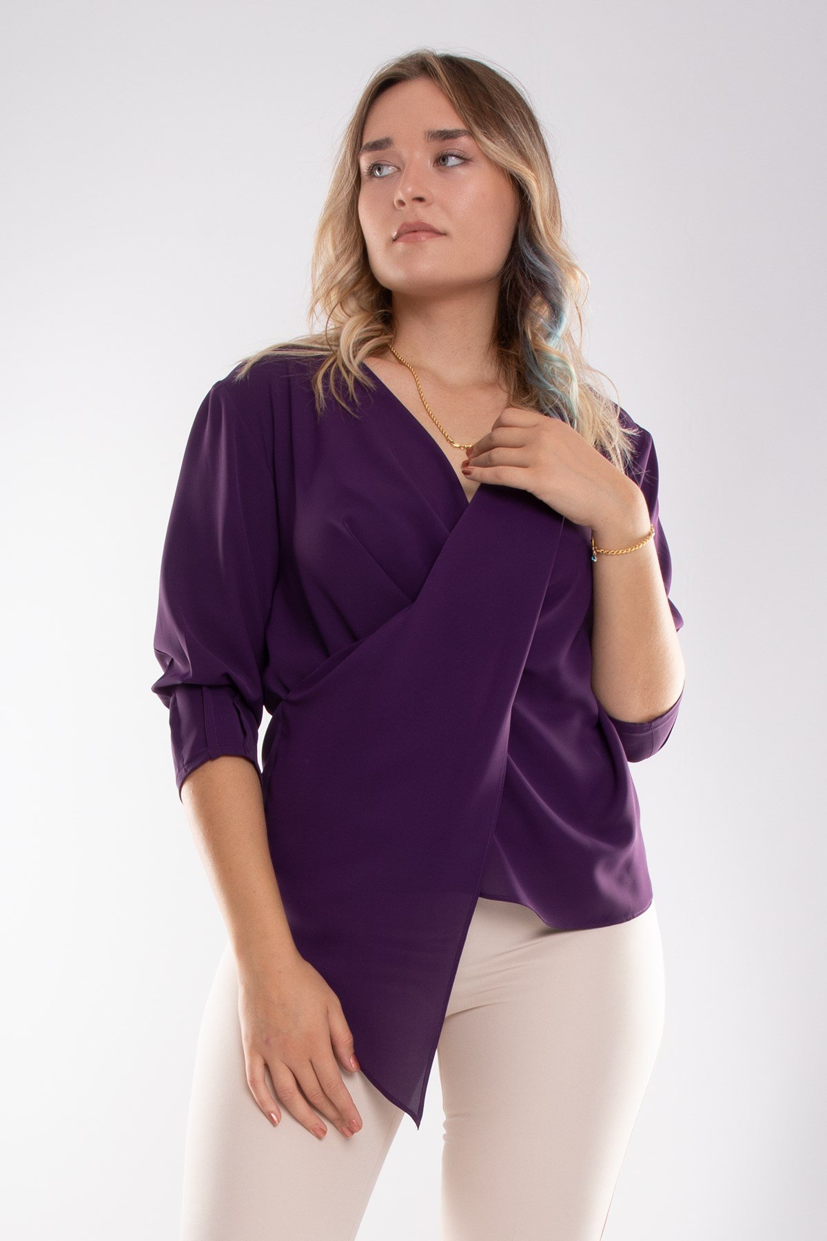 4023 Büyük Beden Kruvaze Yaka Şifon Bluz