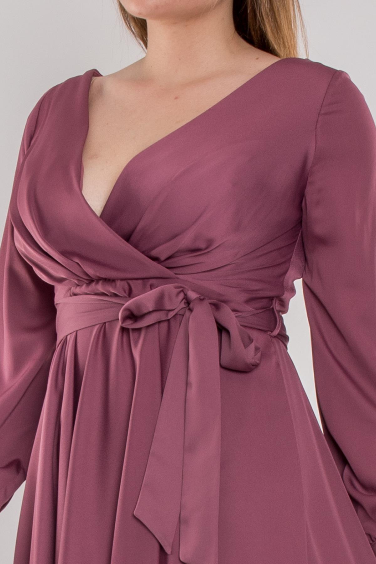 4032 Büyük Beden Derin V Yaka Uzun Kol Saten Kısa Elbise