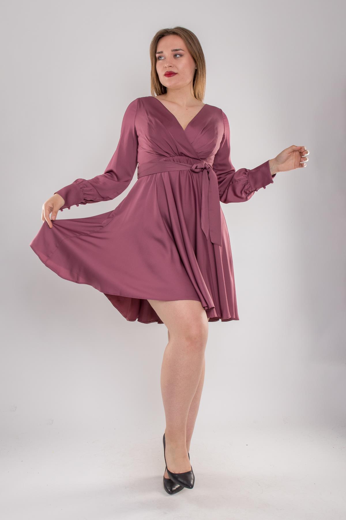 4032 Büyük Beden Derin V Yaka Uzun Kol Saten Kısa Elbise