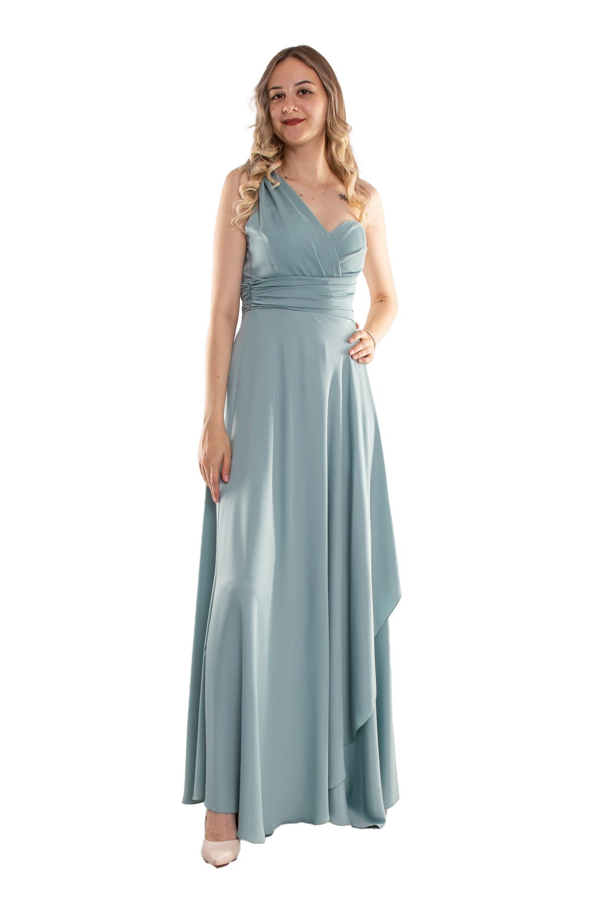 4041 Beli Drape Tek Omuz Eteği Kapaklı İipek Saten Uzun Abiye