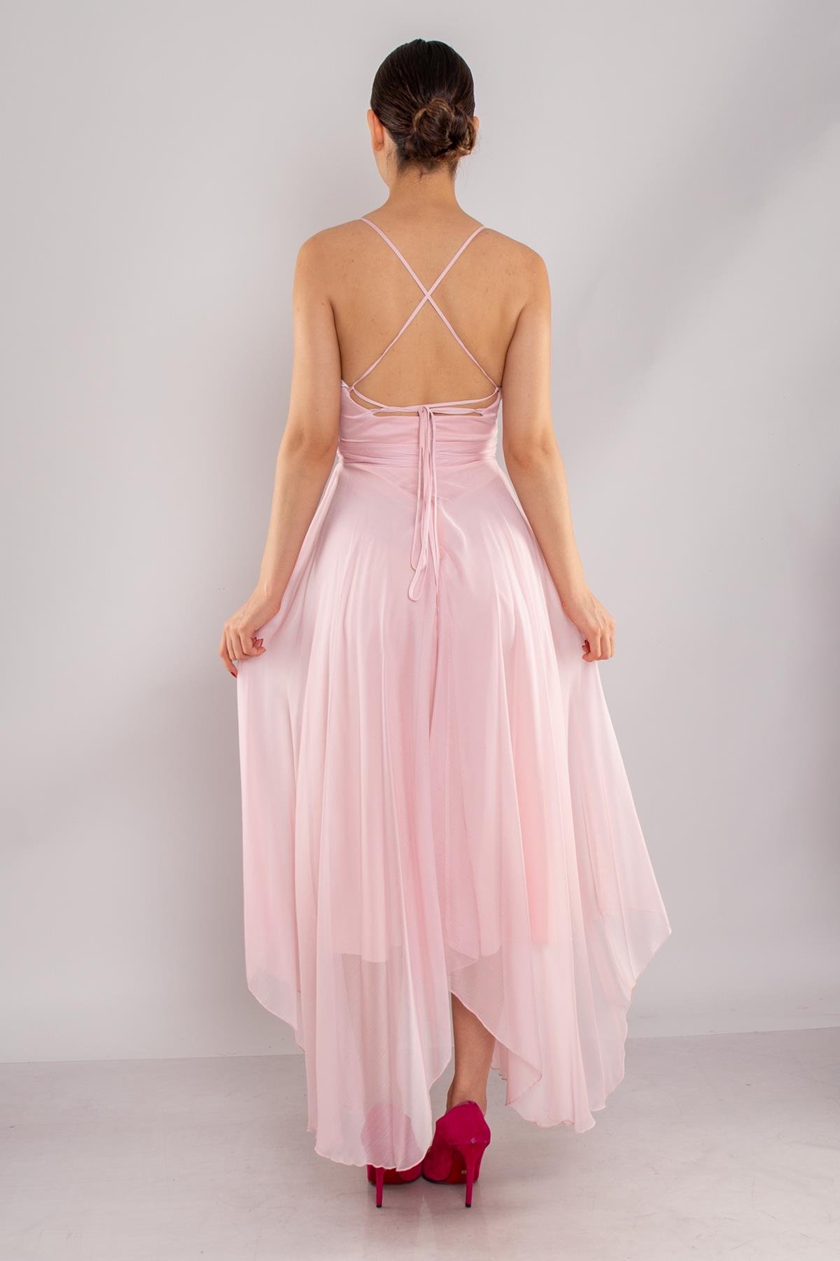 4059 Sırt İp Askı Kristal Şifon Midiboy Elbise