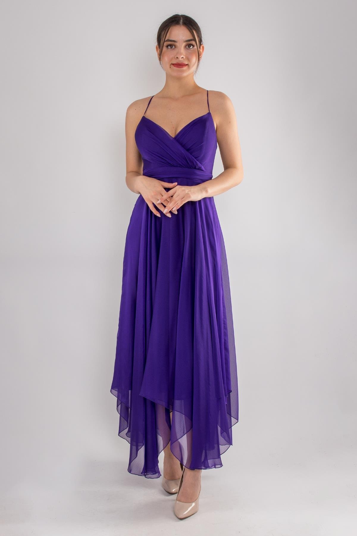 4059 Sırt İp Askı Kristal Şifon Midiboy Elbise