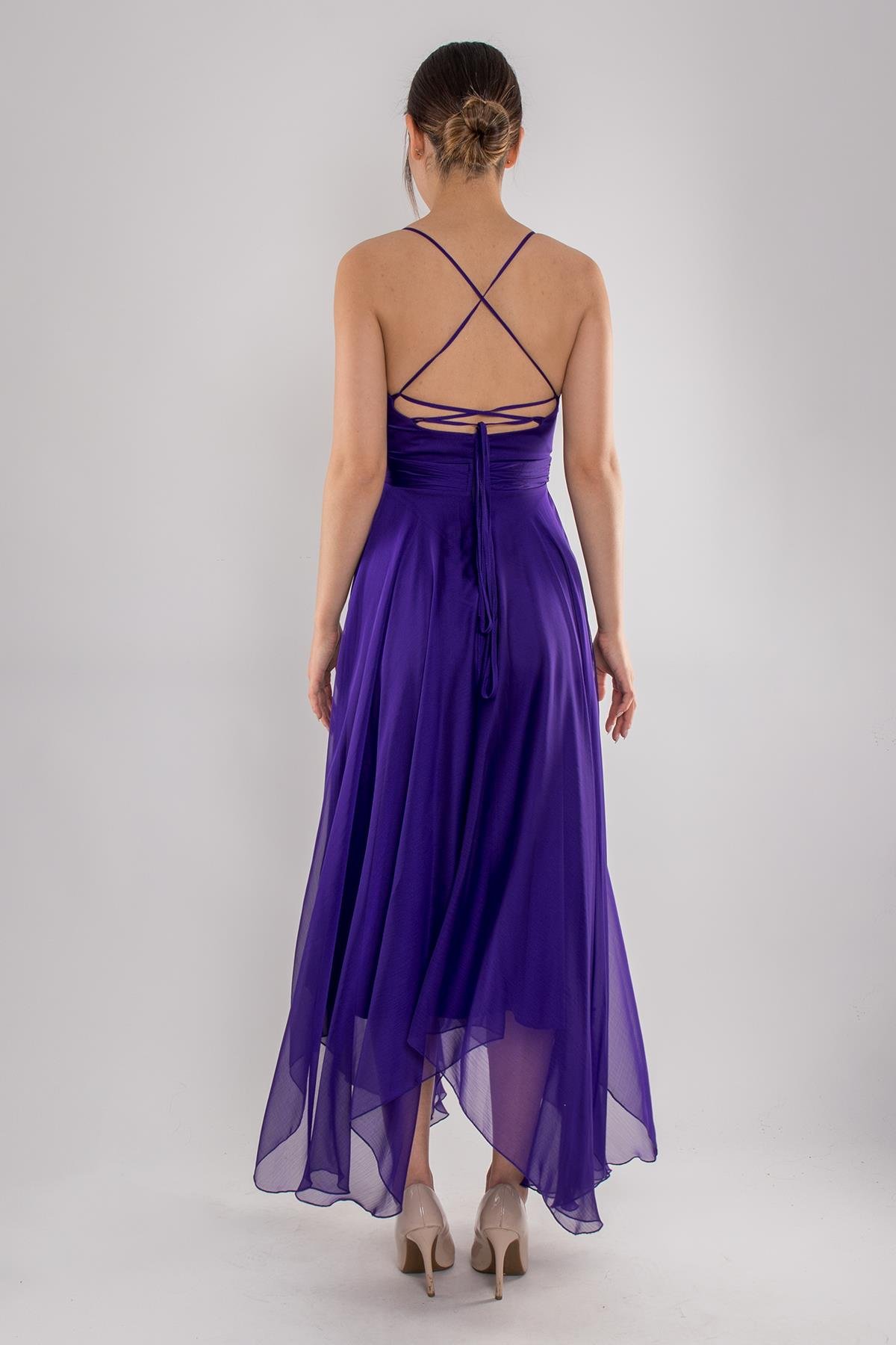 4059 Sırt İp Askı Kristal Şifon Midiboy Elbise