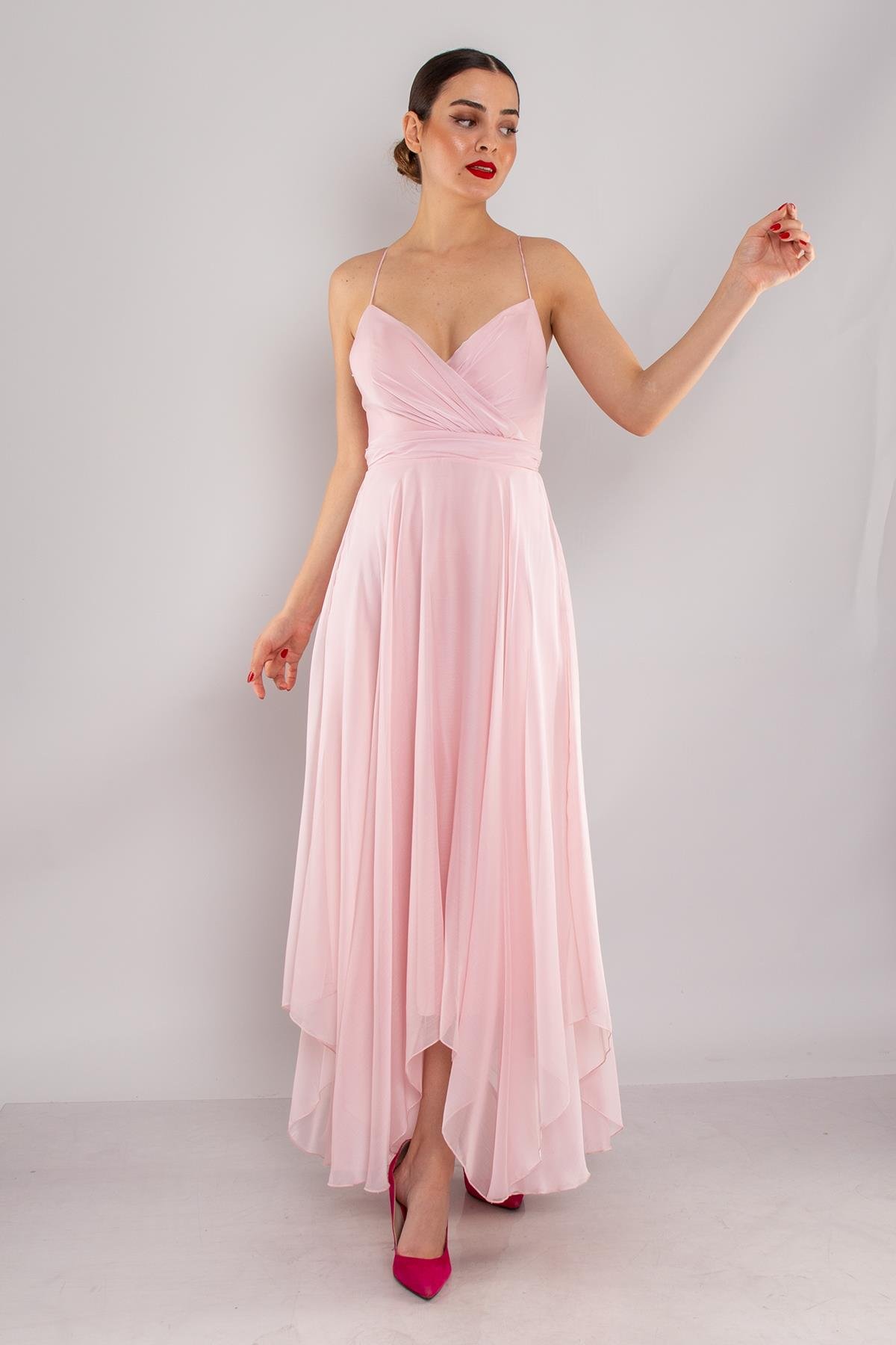 4059 Sırt İp Askı Kristal Şifon Midiboy Elbise