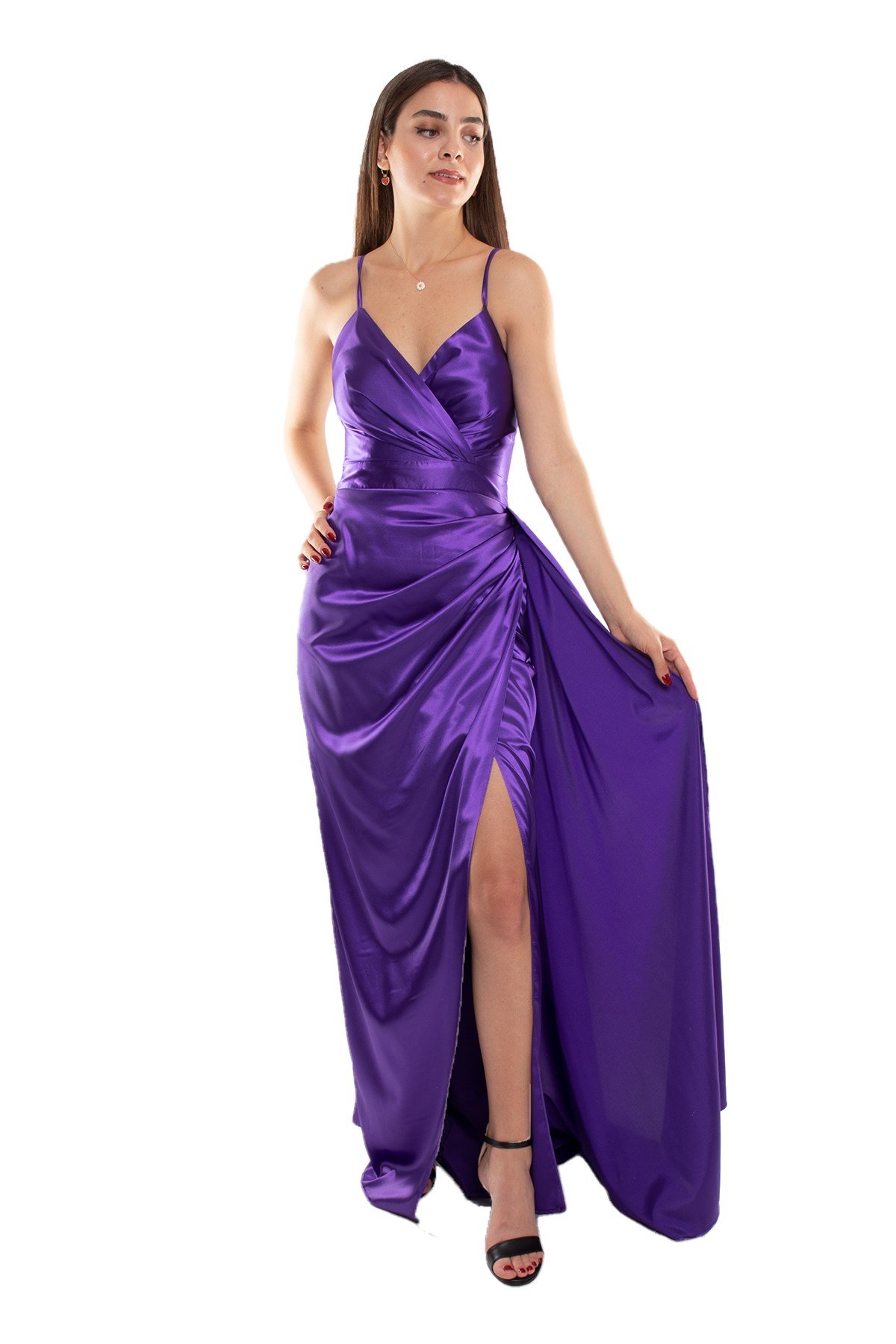 409 İp Askılı Kruvaze Yaka Şal Detay Uzun Saten Elbise