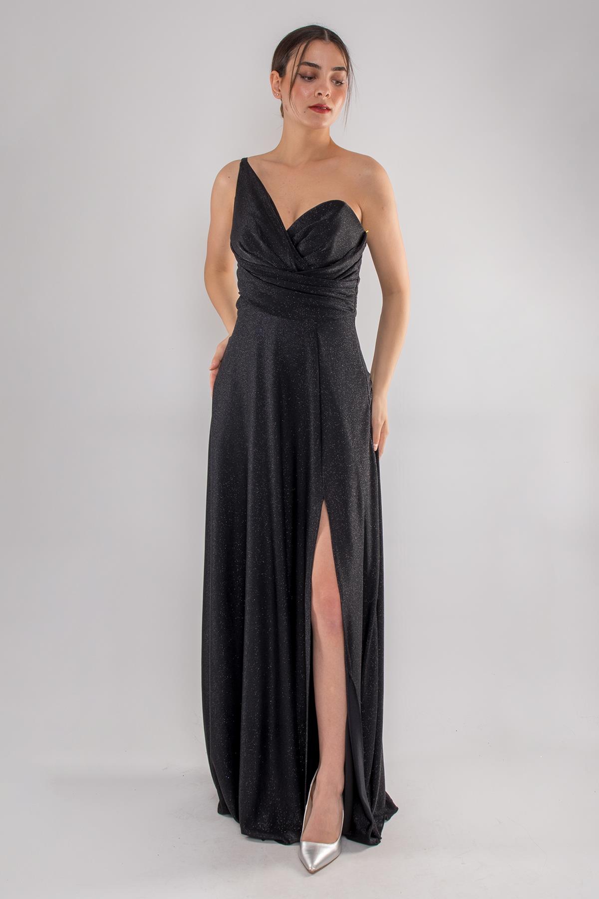 4097 Tek Omuz Beli Drape Kendinden Simli Uzun Elbise