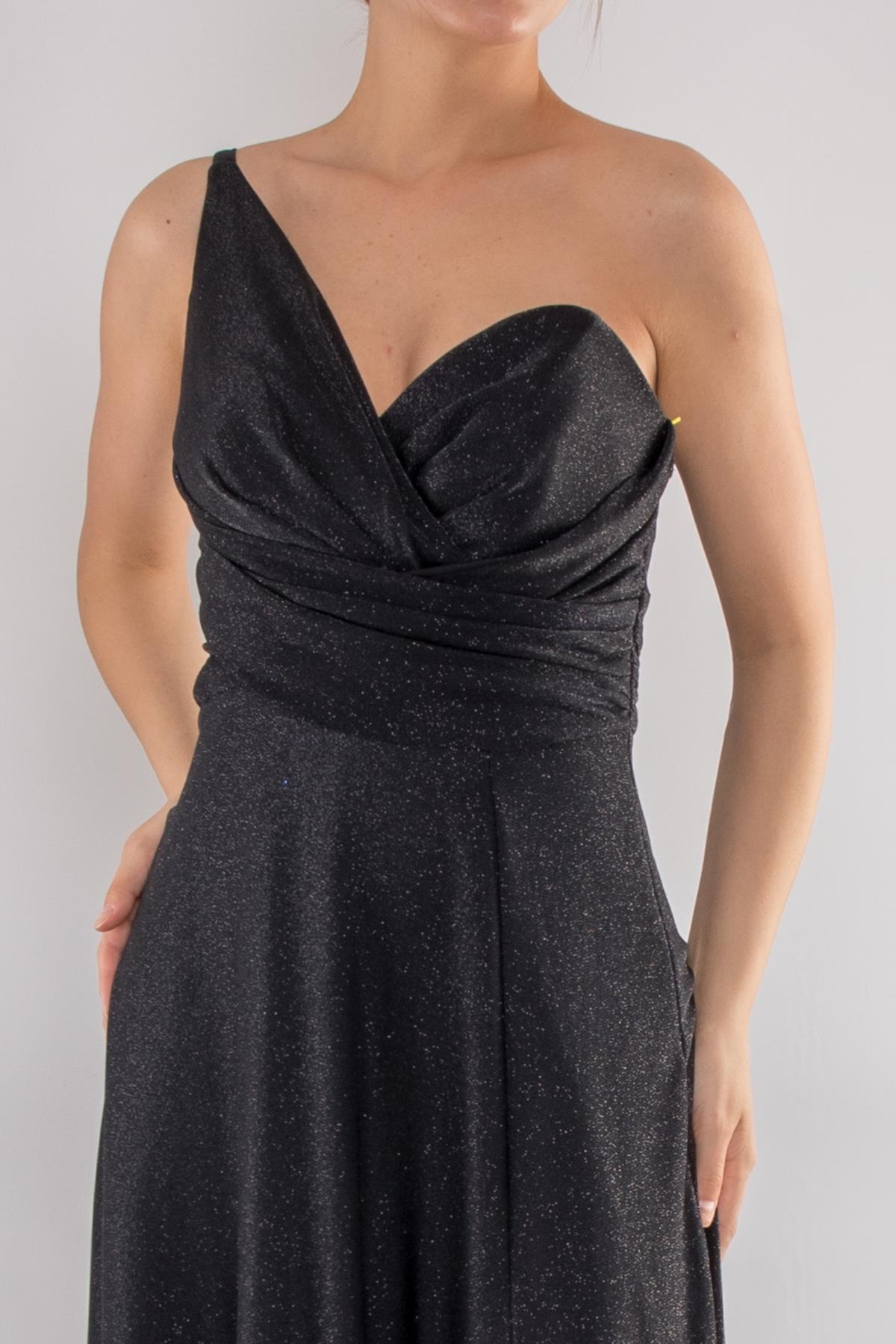 4097 Tek Omuz Beli Drape Kendinden Simli Uzun Elbise