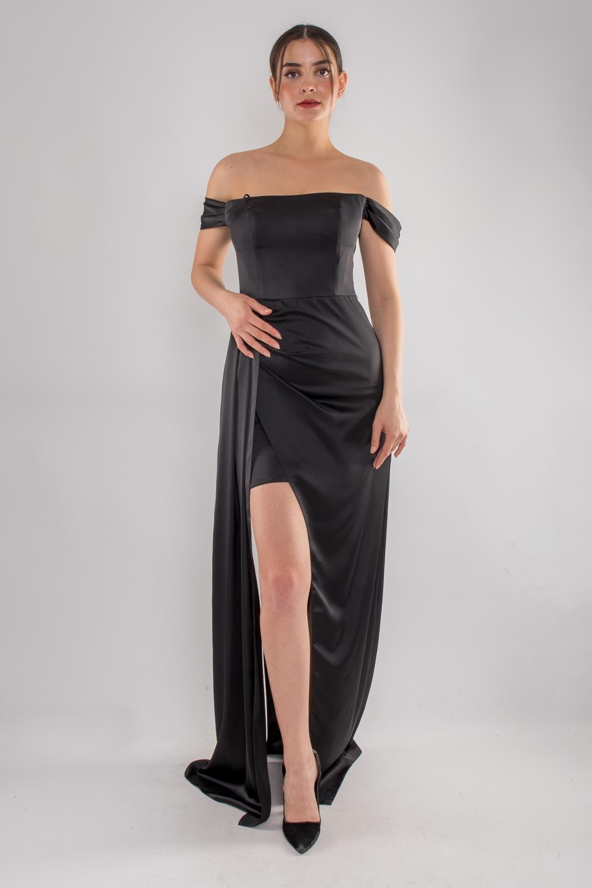 4111 Kare Yaka Mendil Kol Yırtmaçlı Saten Uzun Elbise