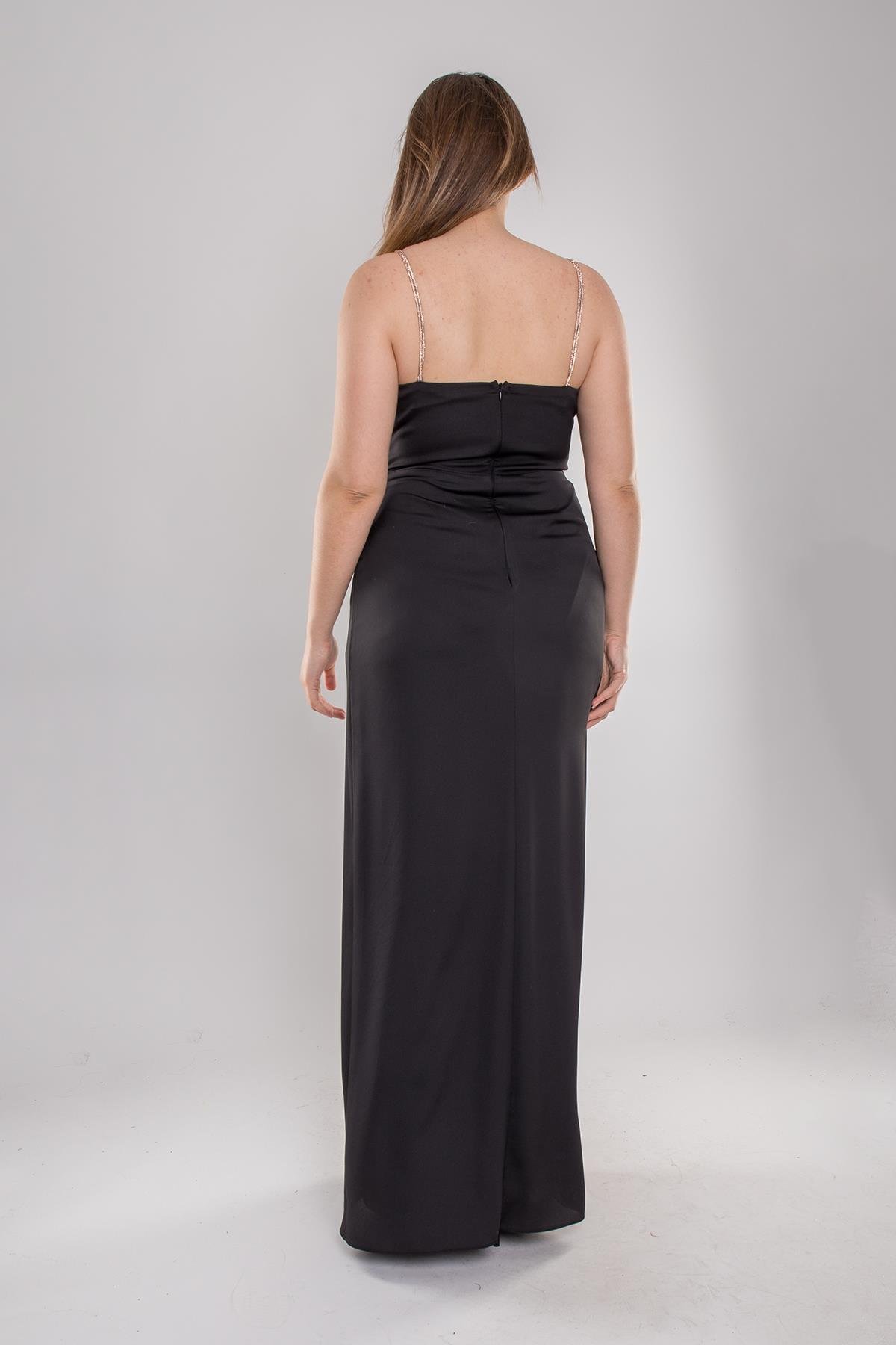 4116 Büyük Beden Taş Askı Şal Yaka Saten Uzun Elbise