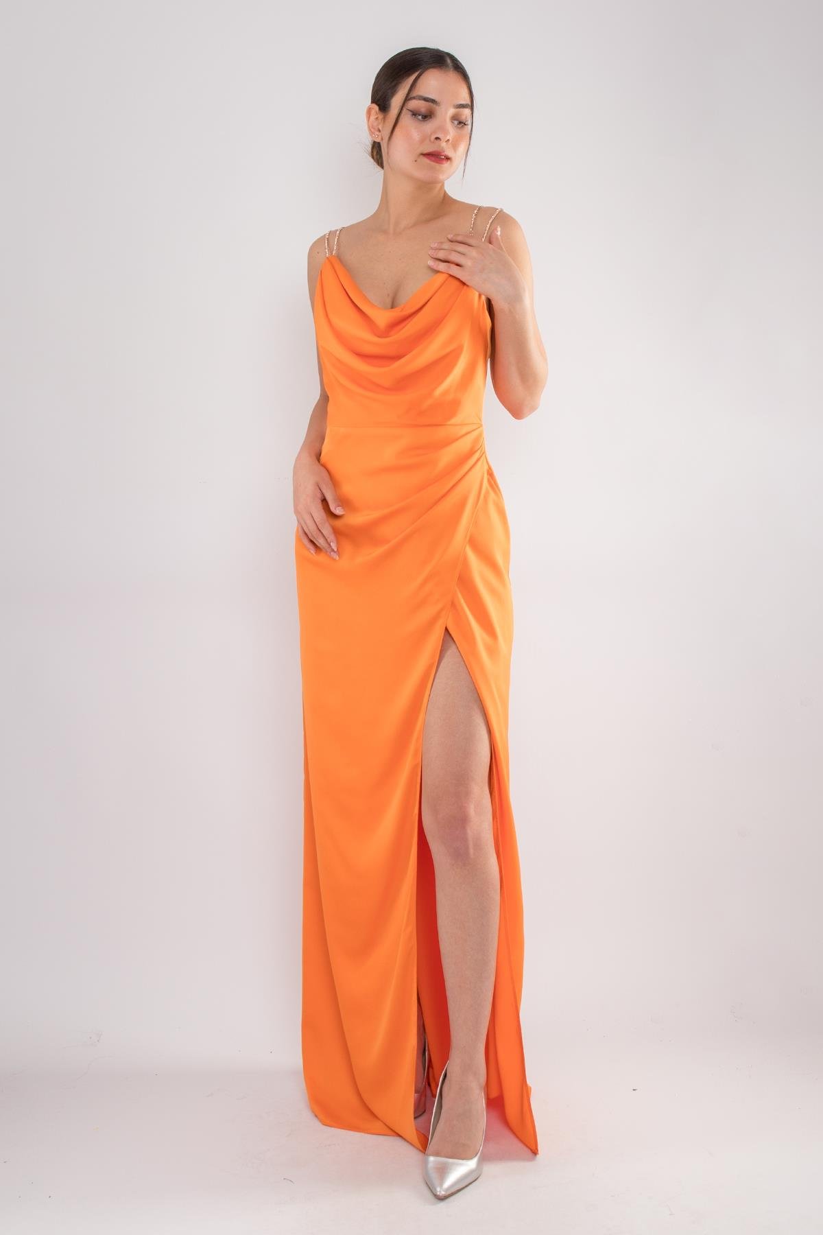 4116 Taş Askı Şal Yaka Saten Uzun Elbise