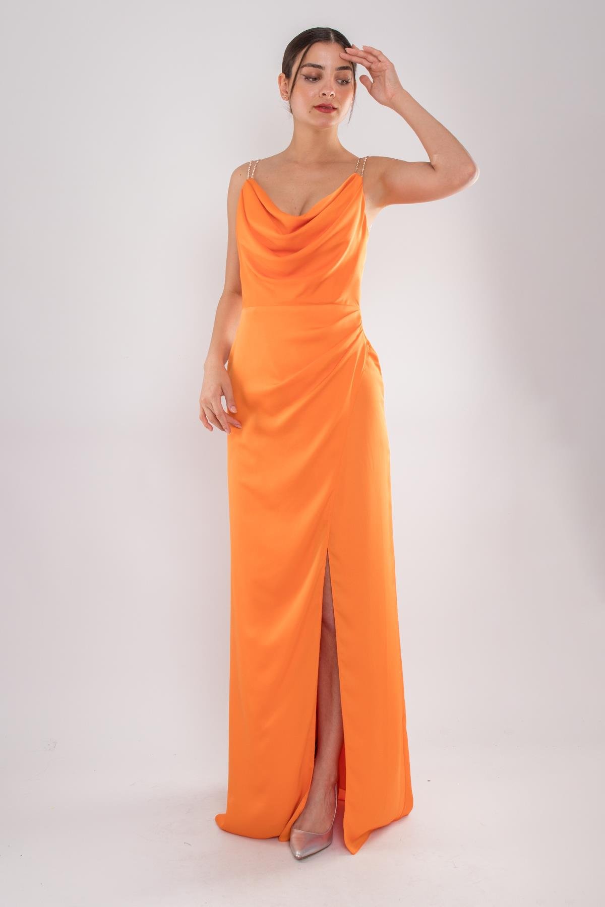 4116 Taş Askı Şal Yaka Saten Uzun Elbise