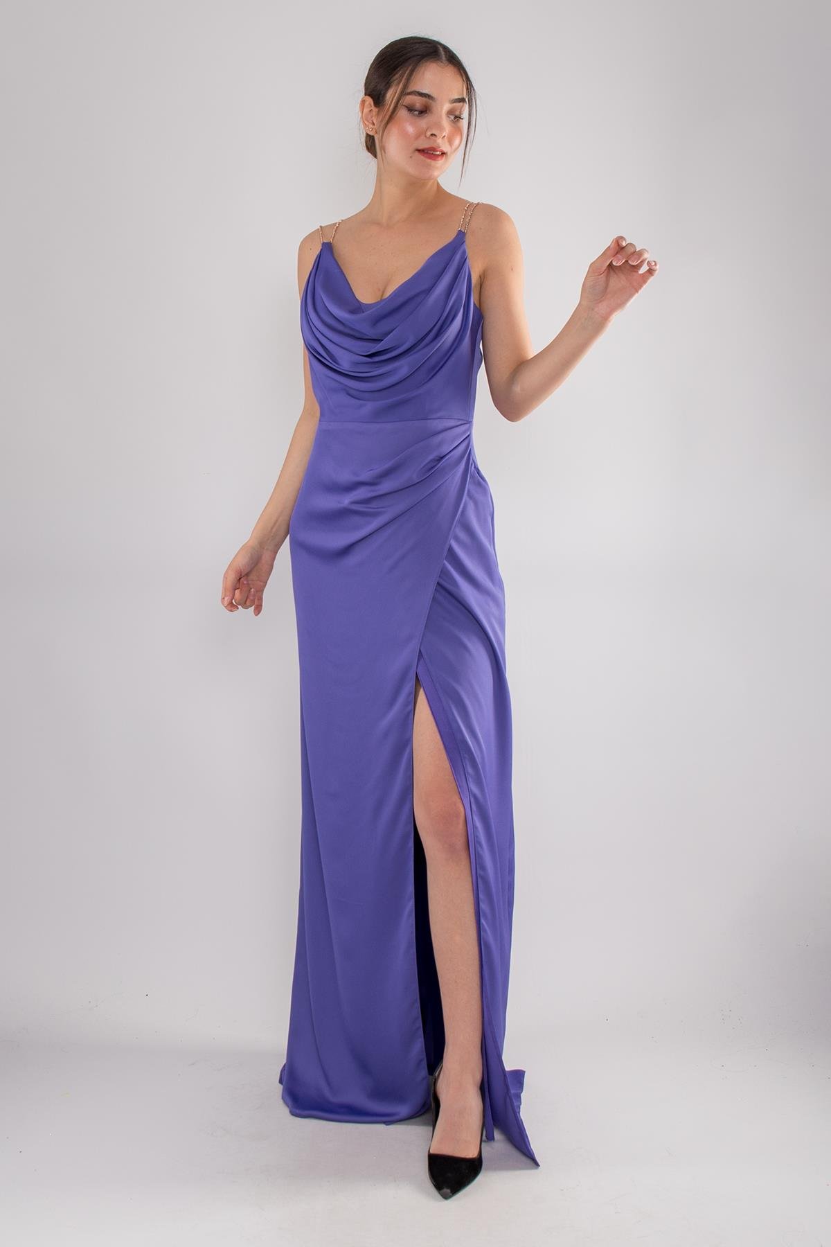 4116 Taş Askı Şal Yaka Saten Uzun Elbise