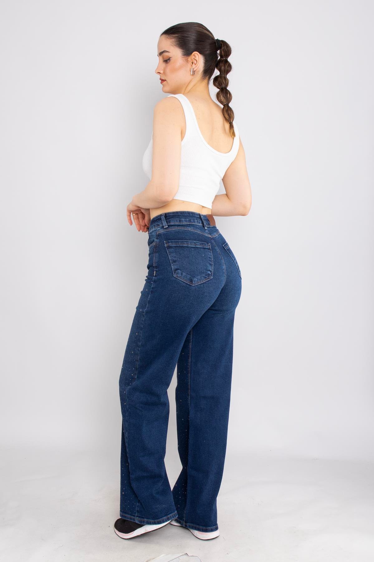 415 Serpme Taşlı Bol Paça Mom Jean