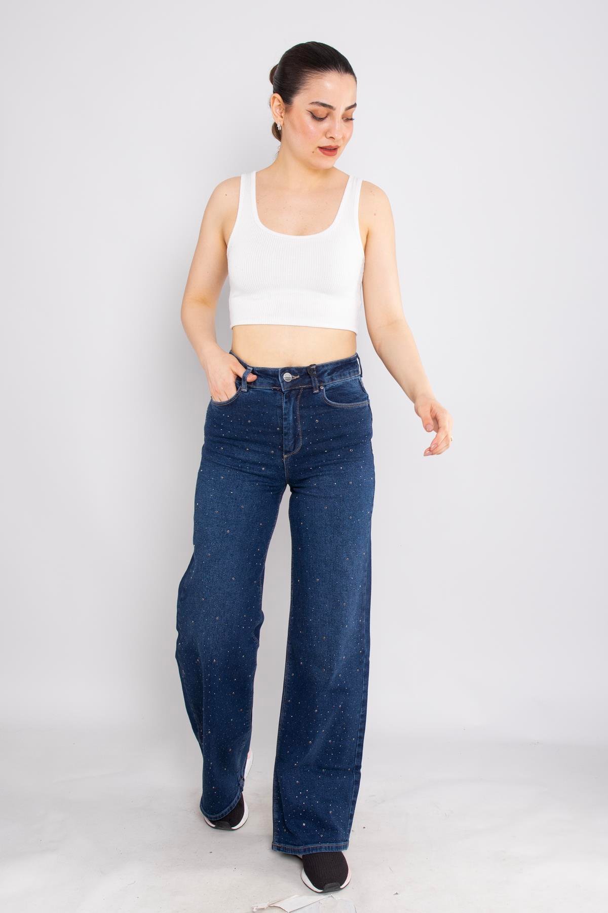 415 Serpme Taşlı Bol Paça Mom Jean