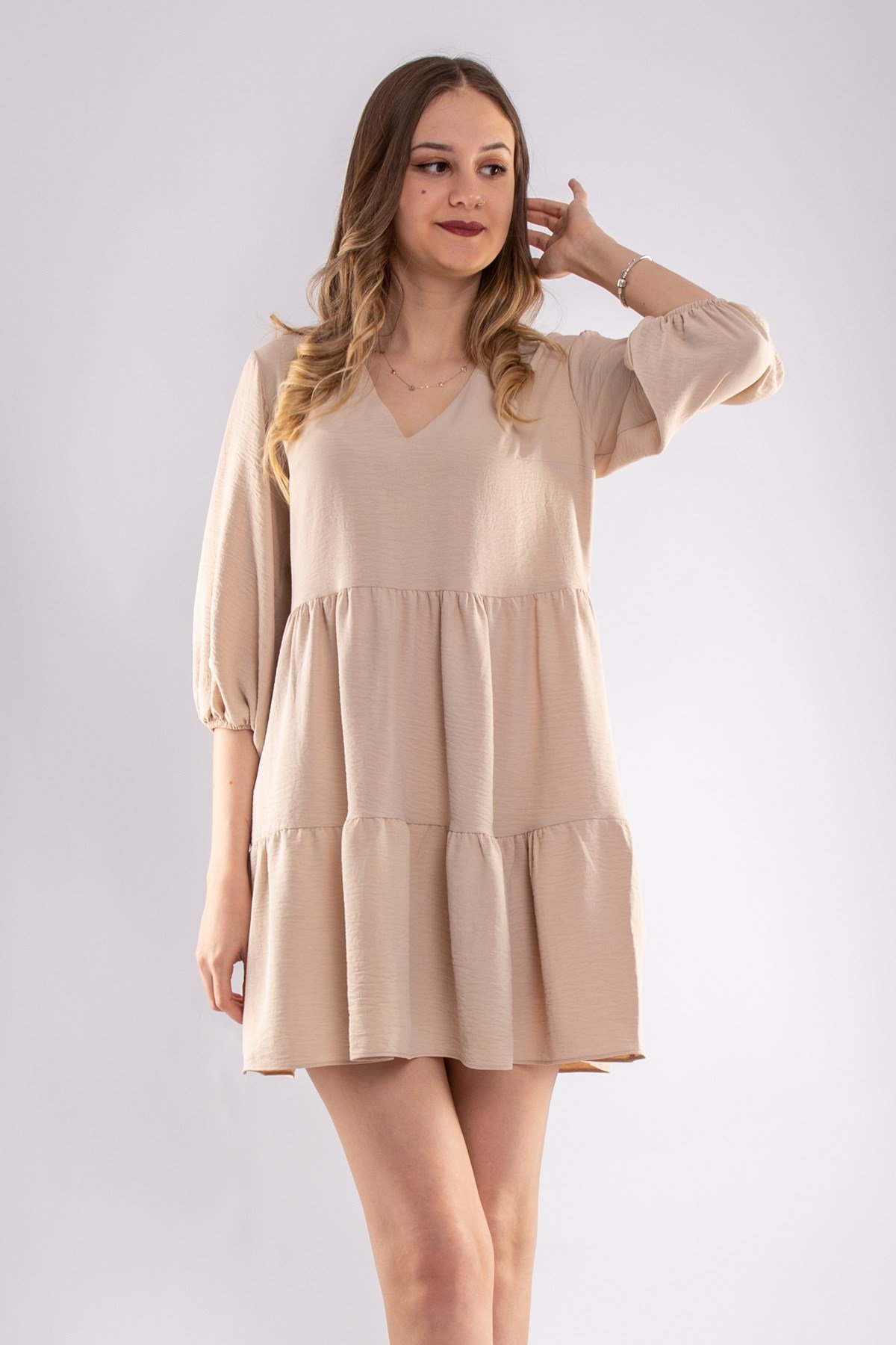 4154 VYaka Kol Ucu Lastikli Katlı Kısa Elbise