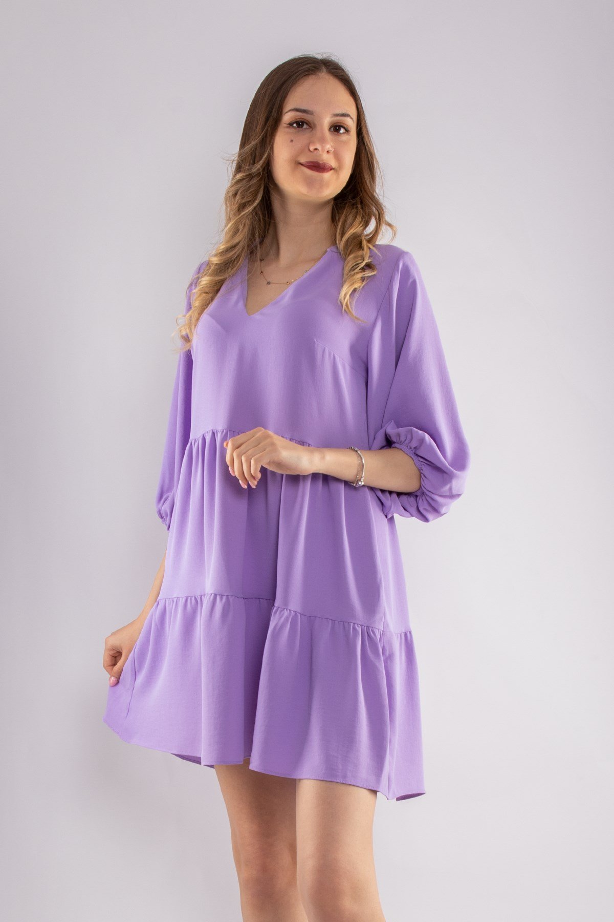 4154 VYaka Kol Ucu Lastikli Katlı Kısa Elbise