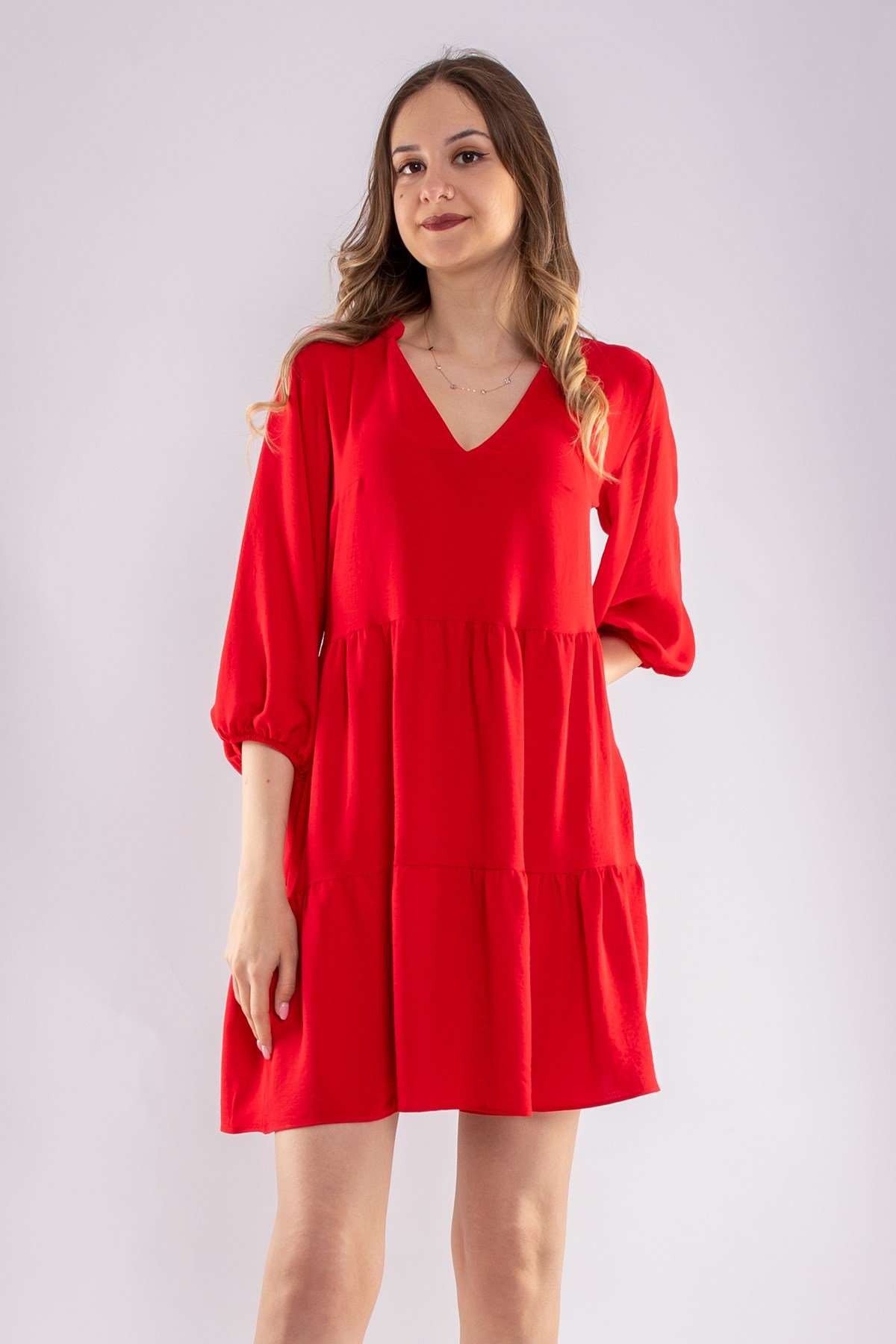 4154 VYaka Kol Ucu Lastikli Katlı Kısa Elbise