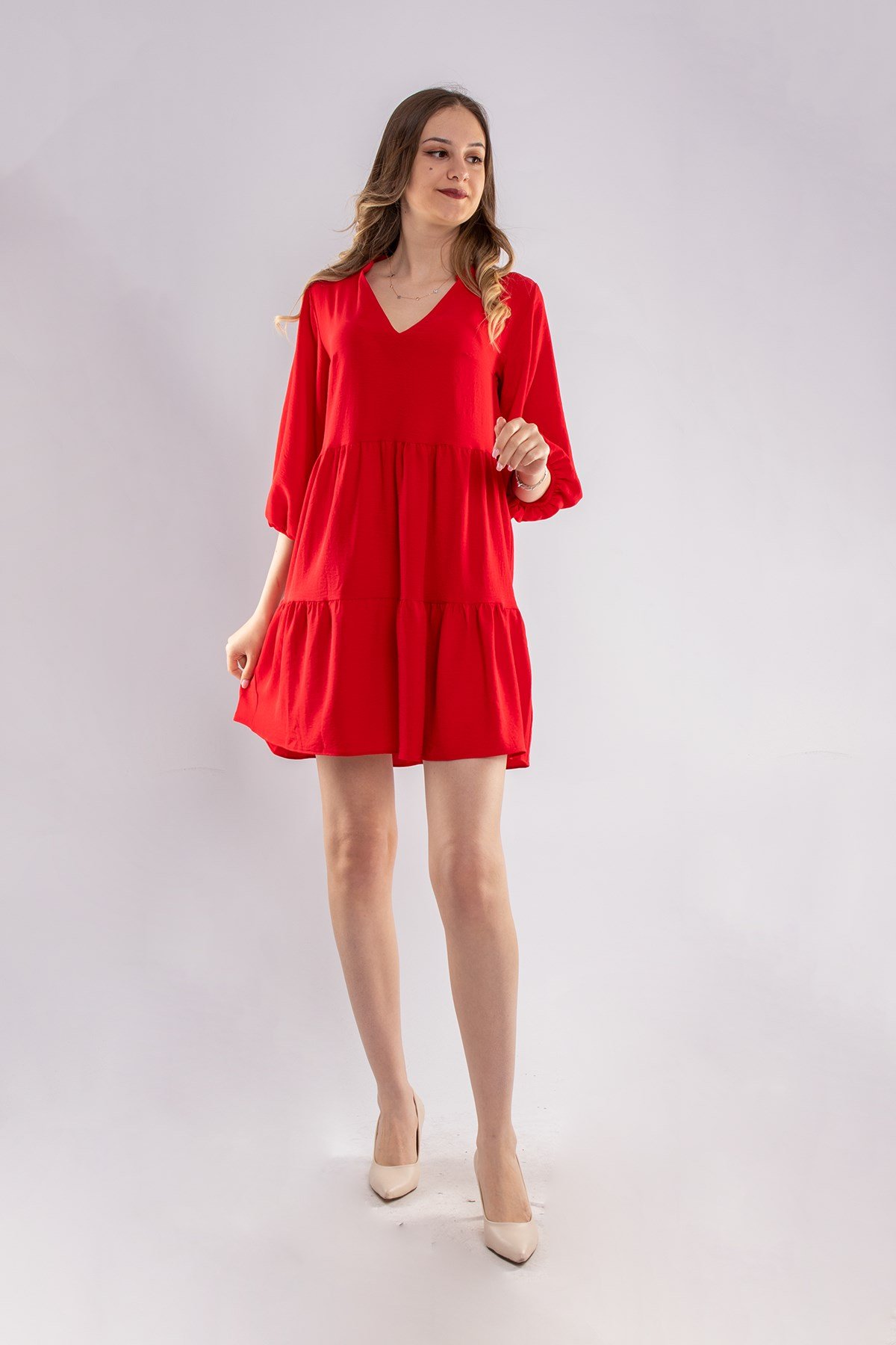 4154 VYaka Kol Ucu Lastikli Katlı Kısa Elbise