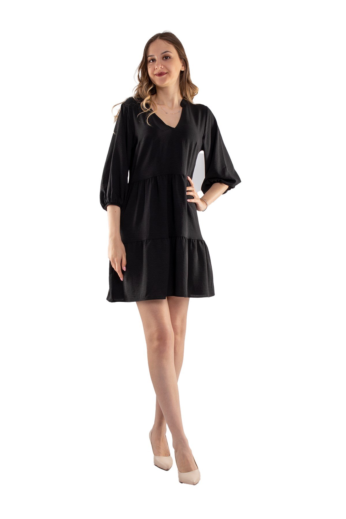 4154 VYaka Kol Ucu Lastikli Katlı Kısa Elbise