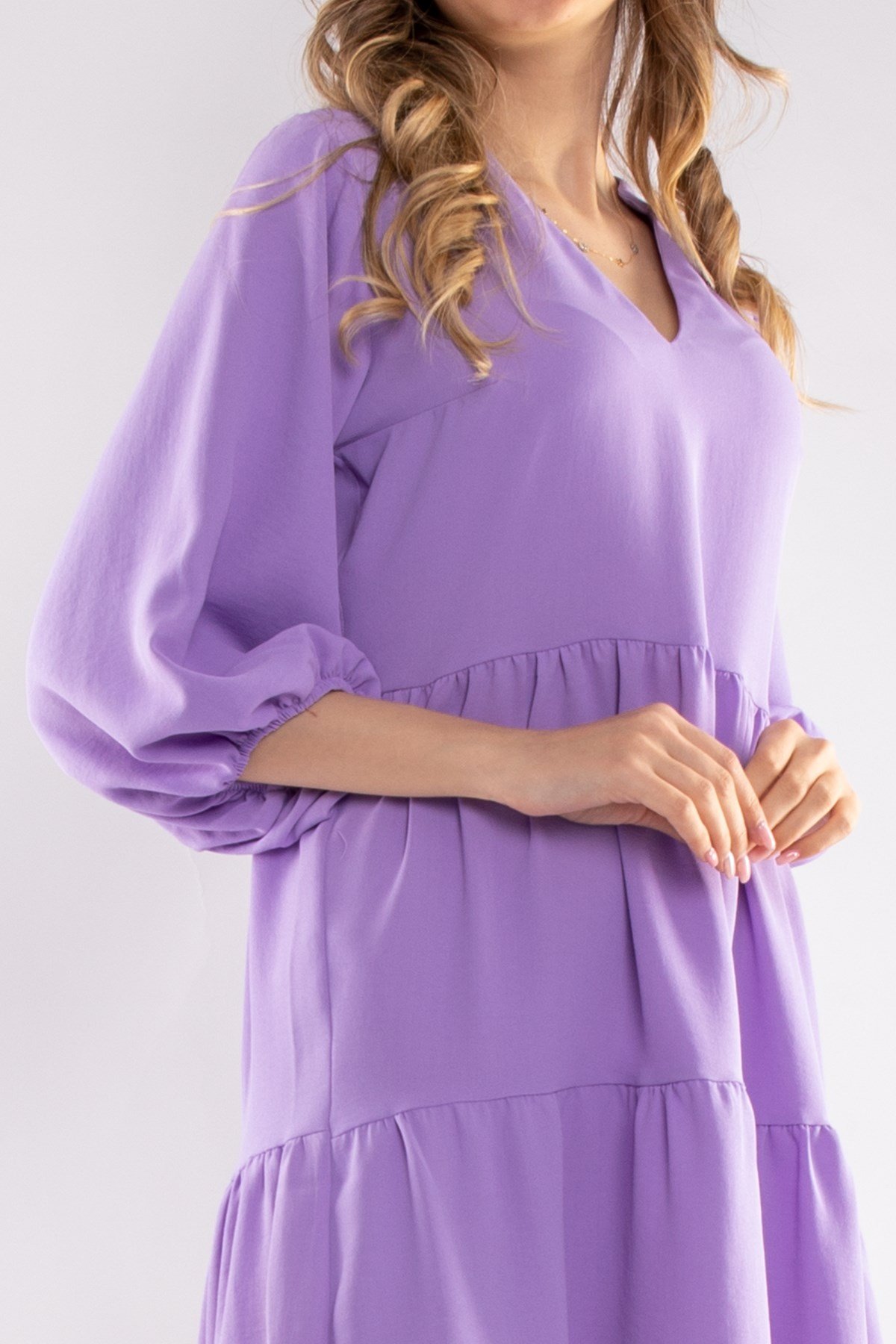 4154 VYaka Kol Ucu Lastikli Katlı Kısa Elbise