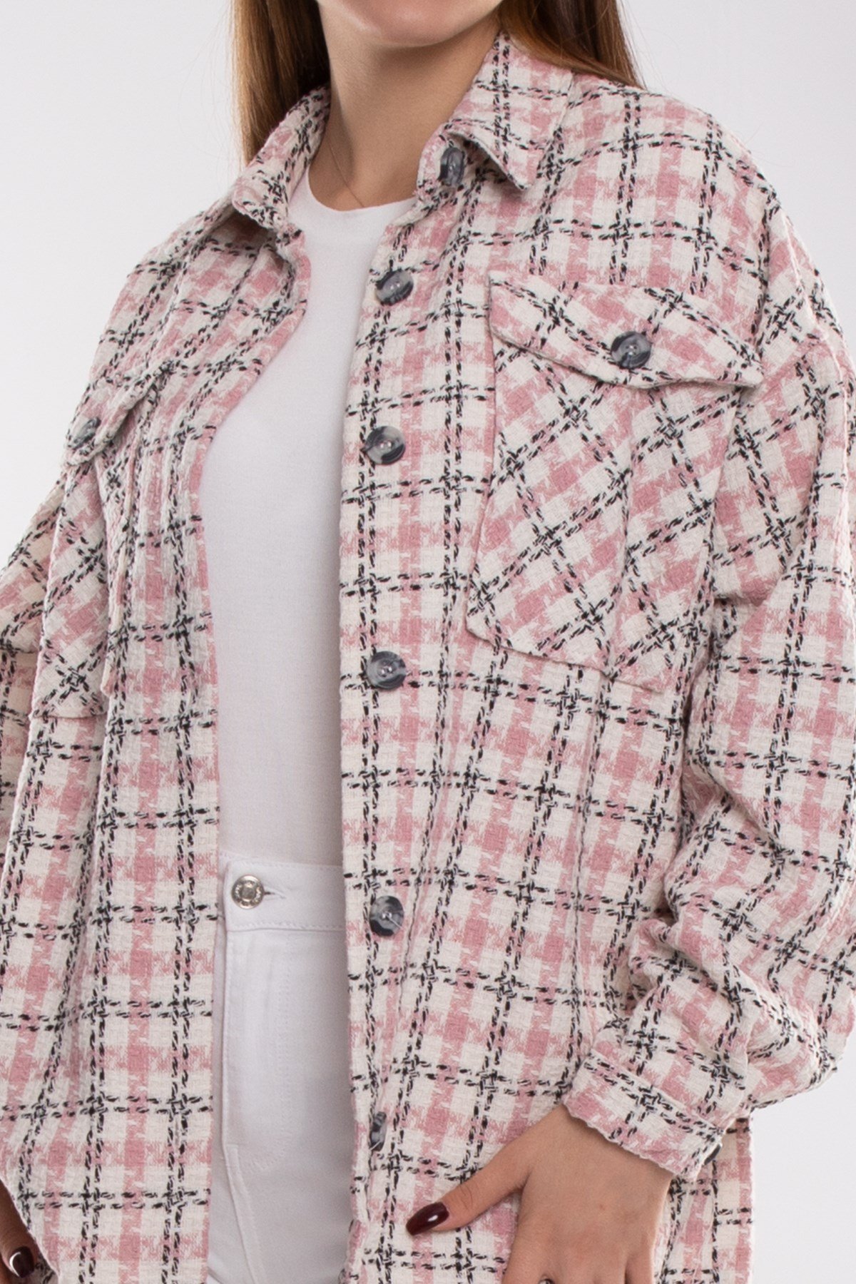 4180 Kareli Kazayağı Çift Cepli Pamuklu Kadın Gömlek