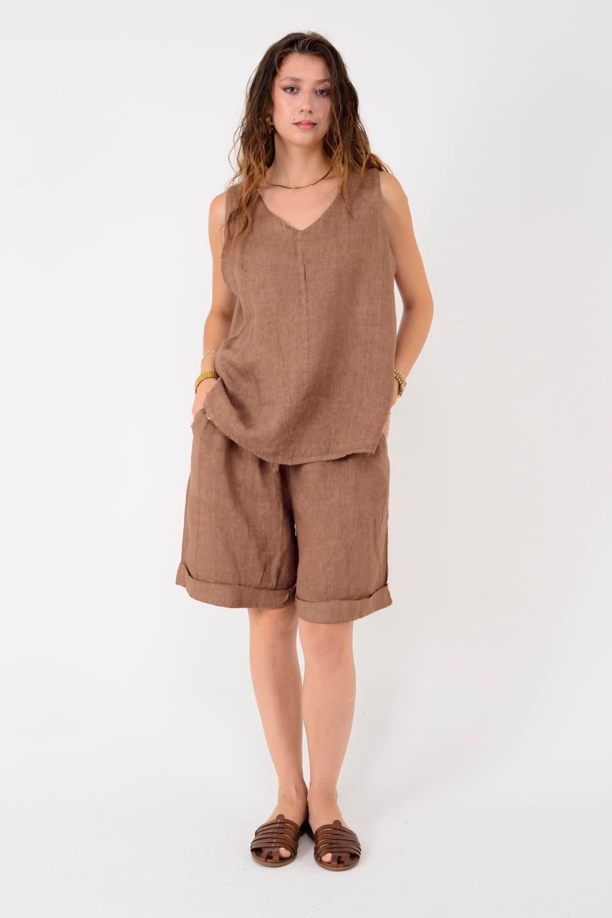 41893 Düz Desen Keten Şortlu Takım