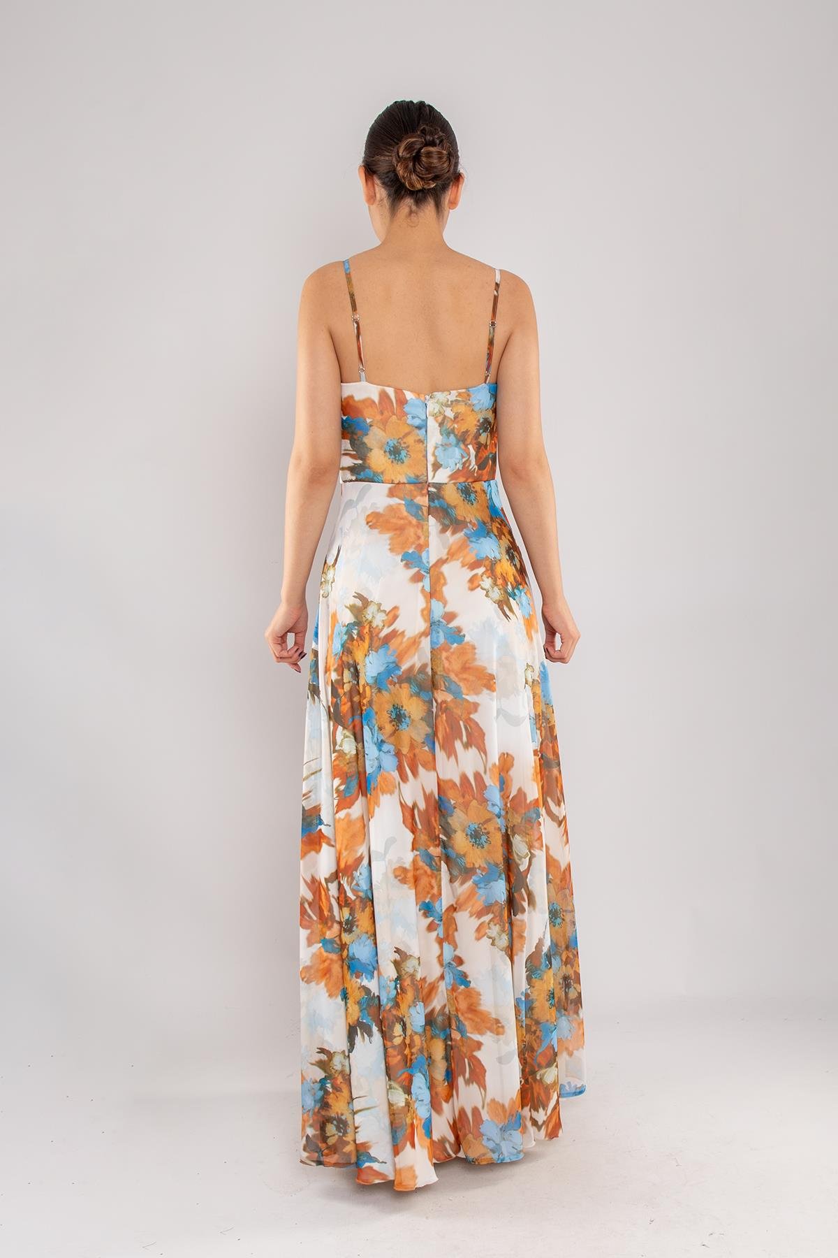 4244 İpAskı Kruvaze Desenli Yırtmaçlı Astarlı Uzun Şifon Elbise