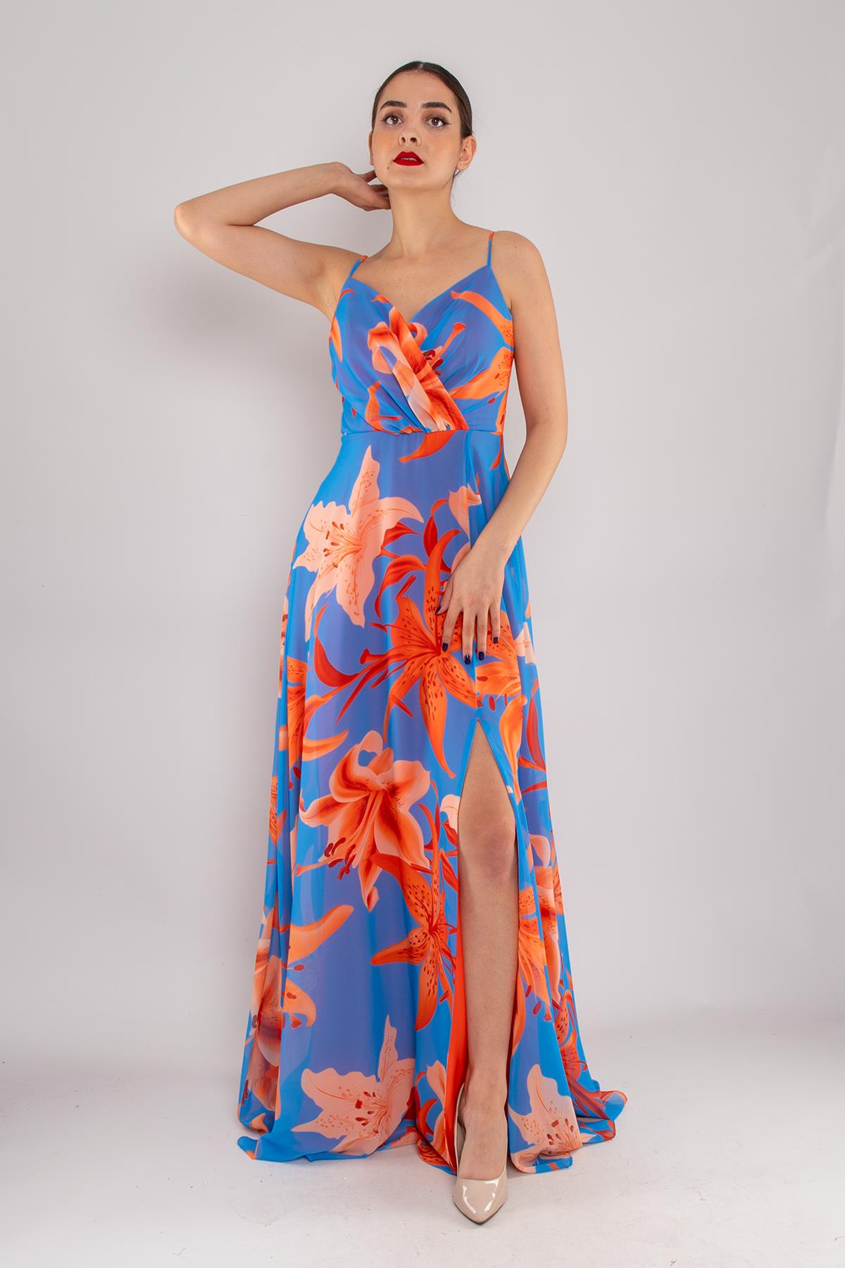 4244 İpAskı Kruvaze Desenli Yırtmaçlı Astarlı Uzun Şifon Elbise