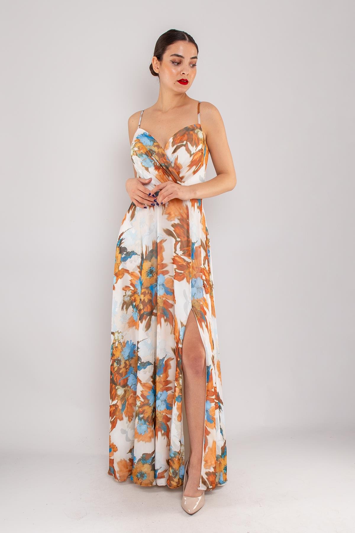 4244 İpAskı Kruvaze Desenli Yırtmaçlı Astarlı Uzun Şifon Elbise