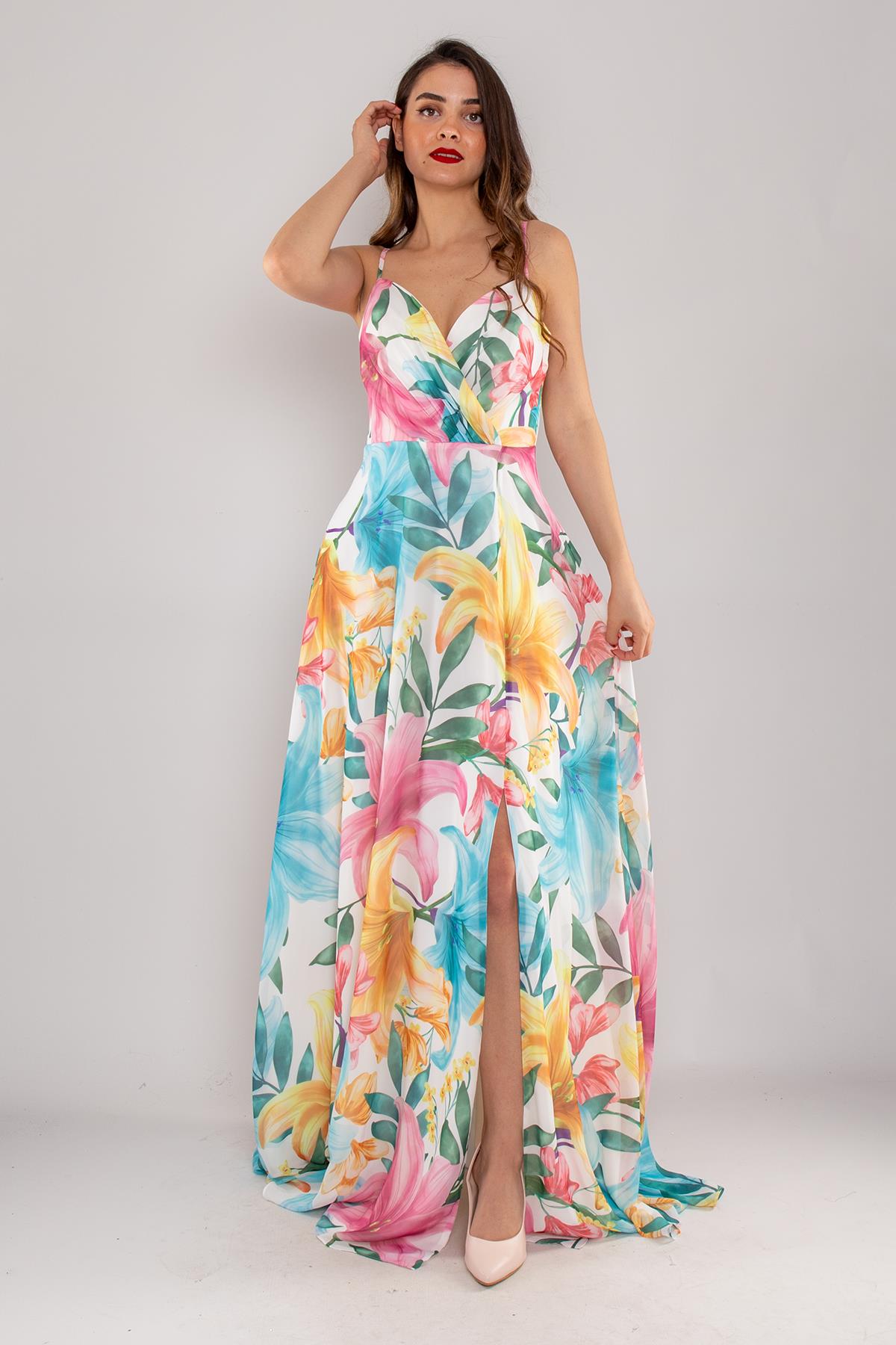 4244 İpAskı Kruvaze Desenli Yırtmaçlı Astarlı Uzun Şifon Elbise