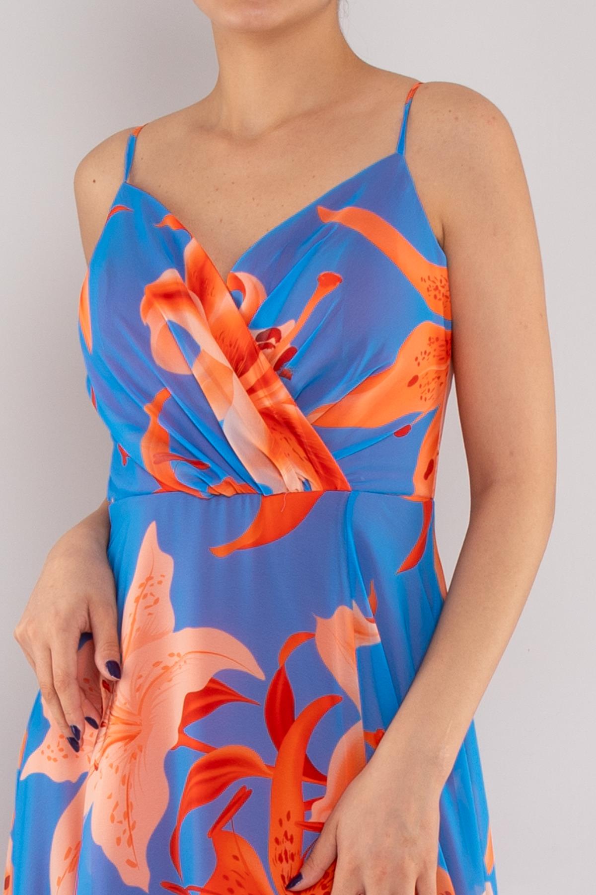 4244 İpAskı Kruvaze Desenli Yırtmaçlı Astarlı Uzun Şifon Elbise