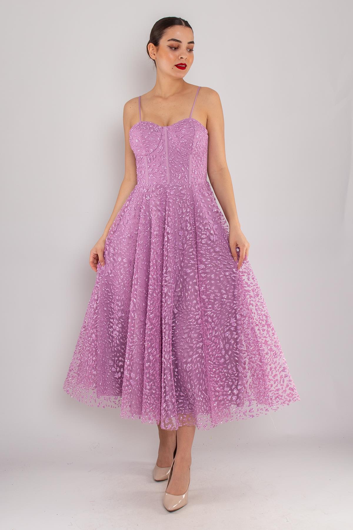 4261 İp Askı Göğüs Balenli Kloş Midiboy Elbise