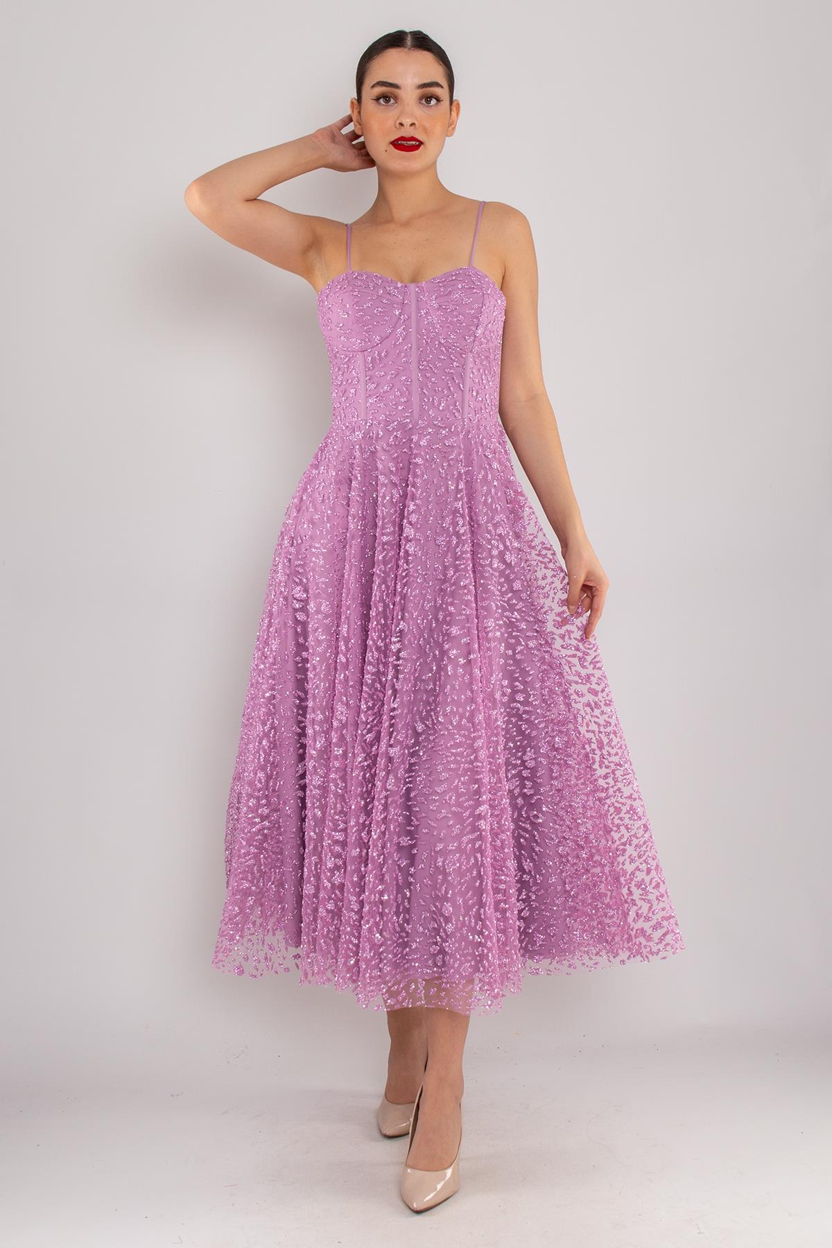 4261 İp Askı Göğüs Balenli Kloş Midiboy Elbise