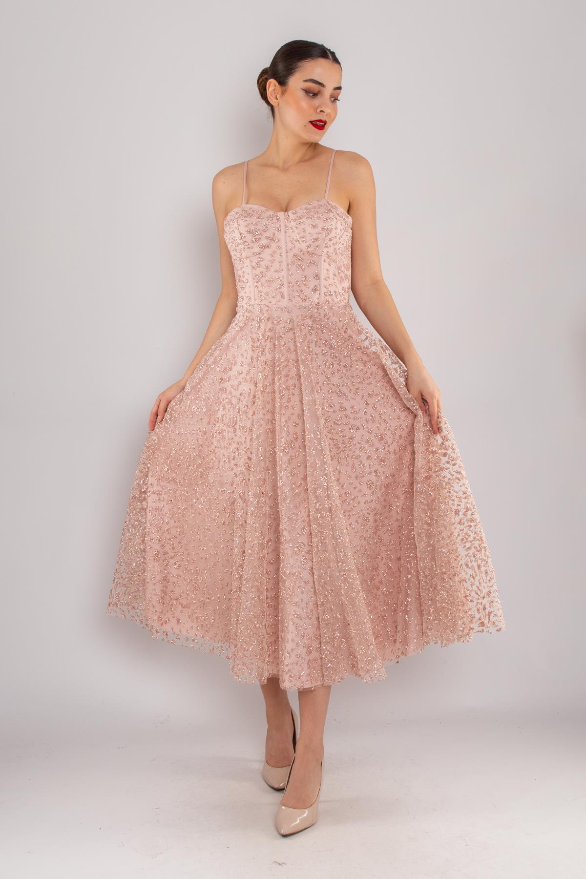 4261 İp Askı Göğüs Balenli Kloş Midiboy Elbise